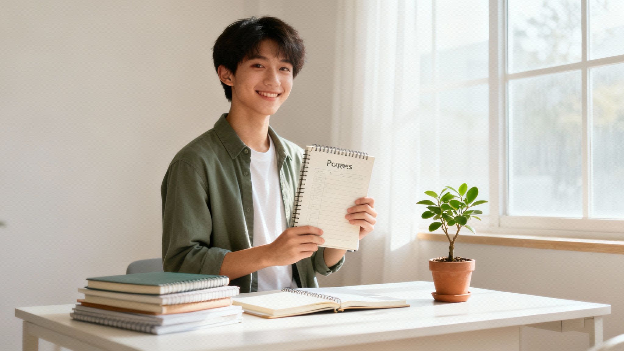 Étudiant souriant tenant un cahier de devoirs dans un espace d'étude lumineux avec plante