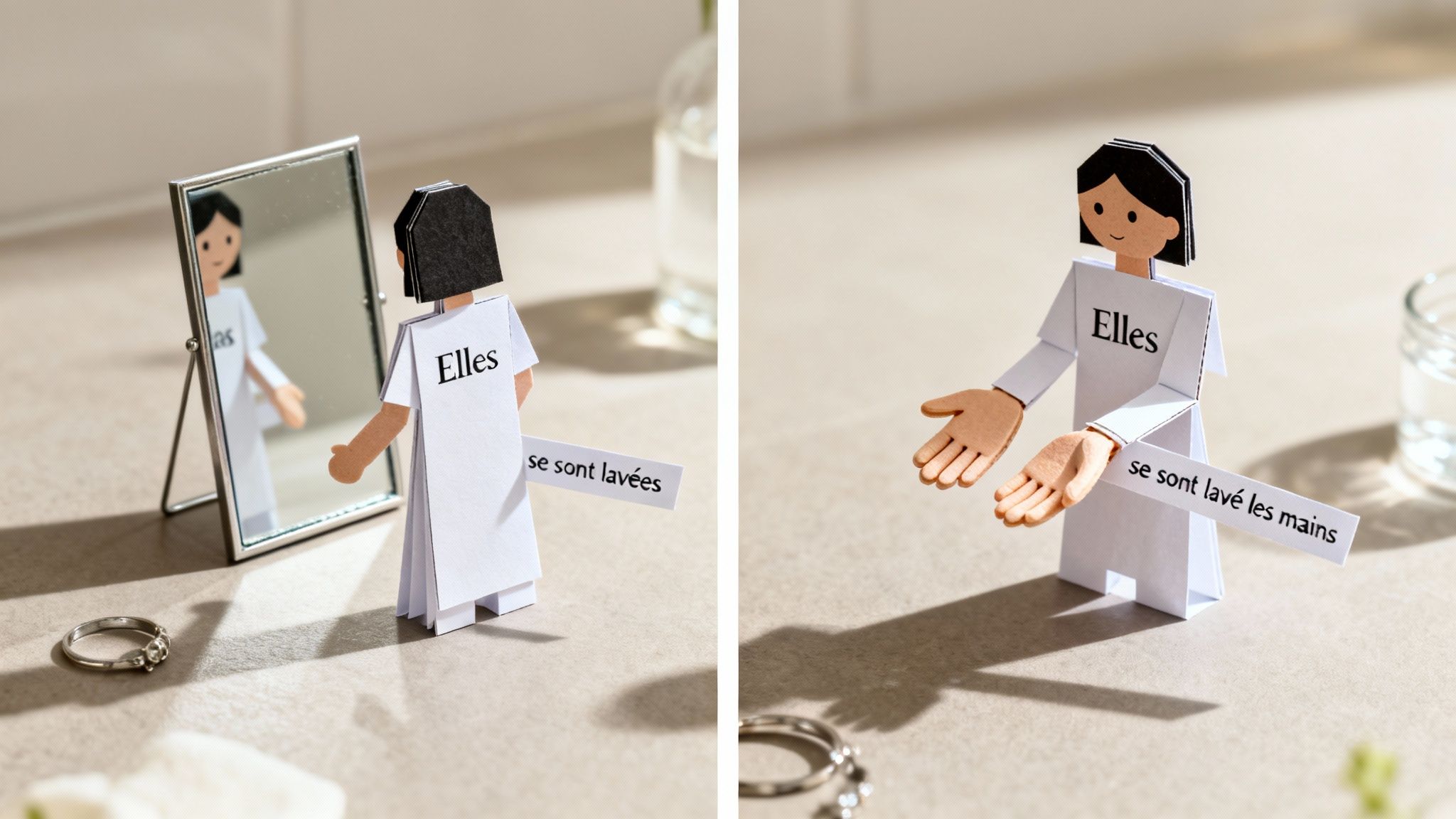 Deux figurines en papier illustrent l'accord du participe passé en français, expliquant une règle de grammaire.