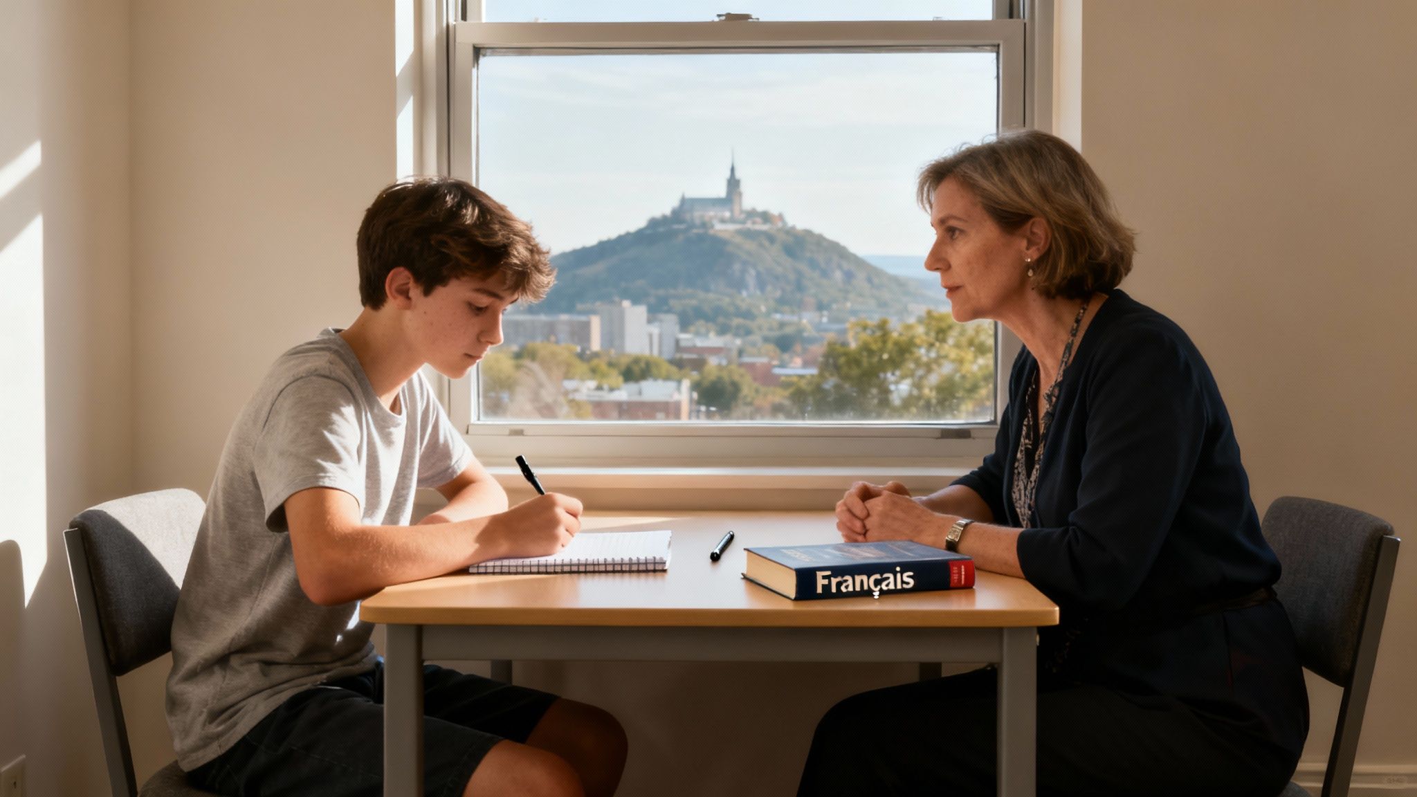 Un tuteur aidant un jeune élève avec ses devoirs de français dans un environnement lumineux et encourageant.