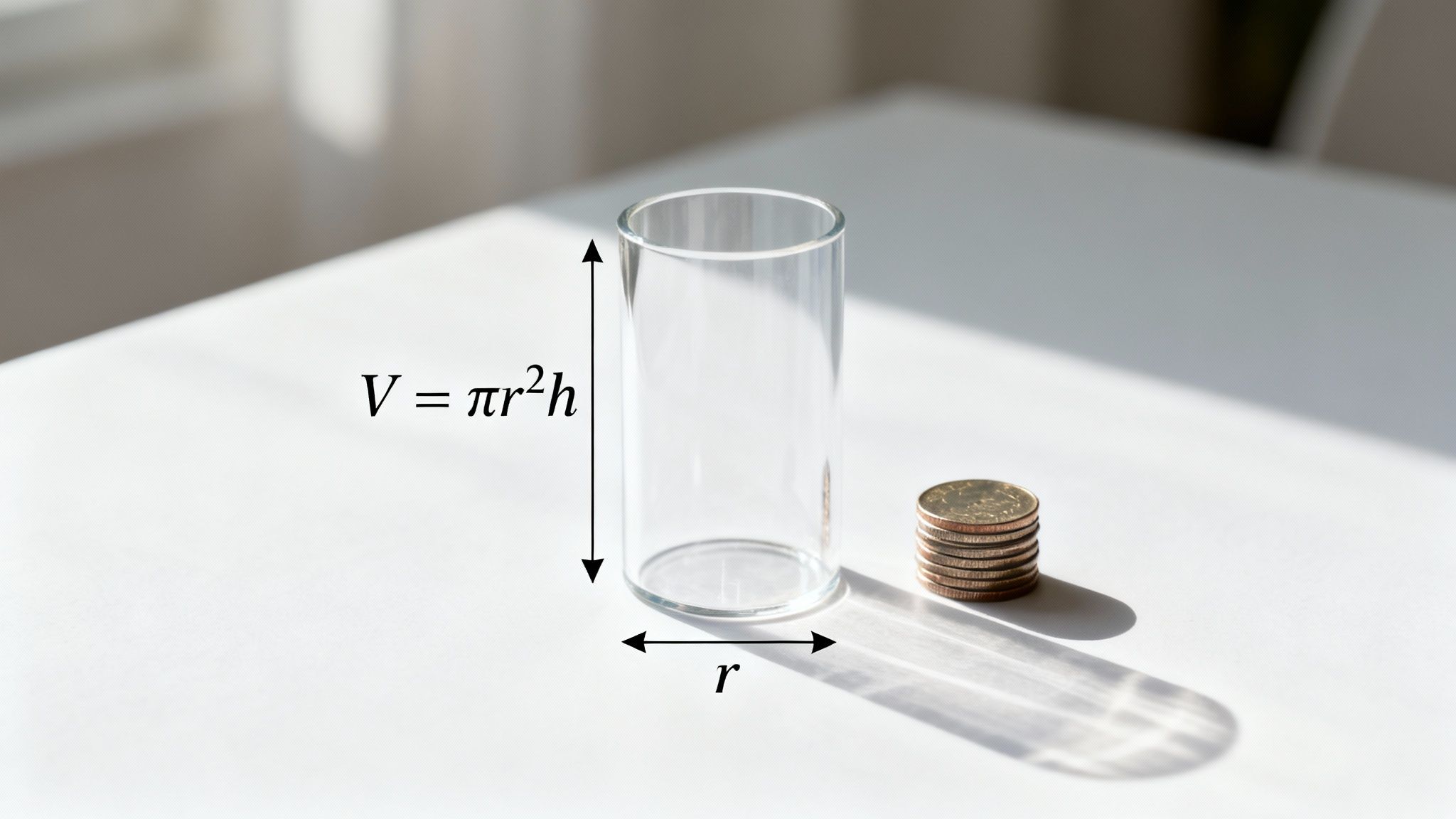 Un cylindre en verre, des pièces de monnaie et la formule de calcul de son volume (V=πr²h).