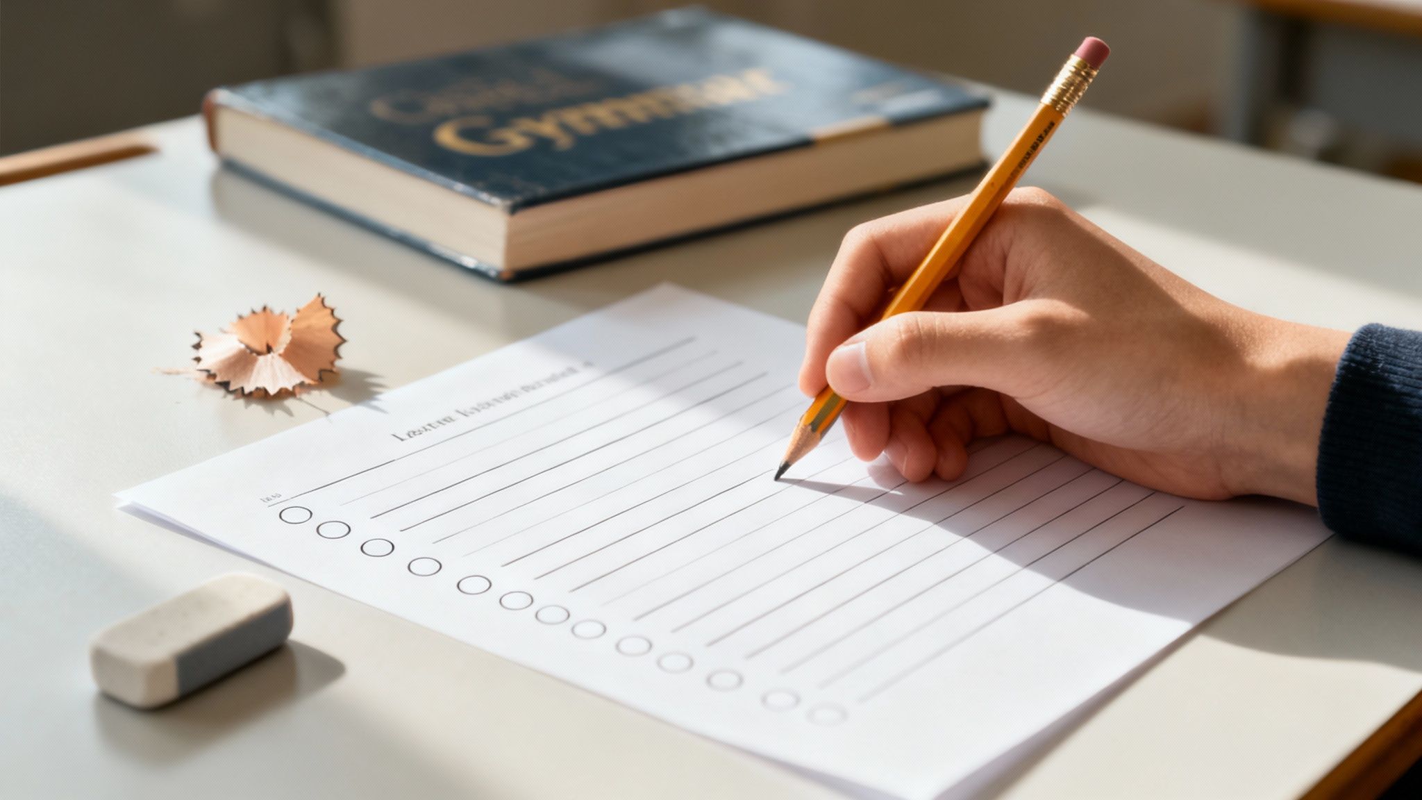 Main d'un étudiant écrivant sur un examen avec un crayon, des copeaux, une gomme et un livre sur un bureau.