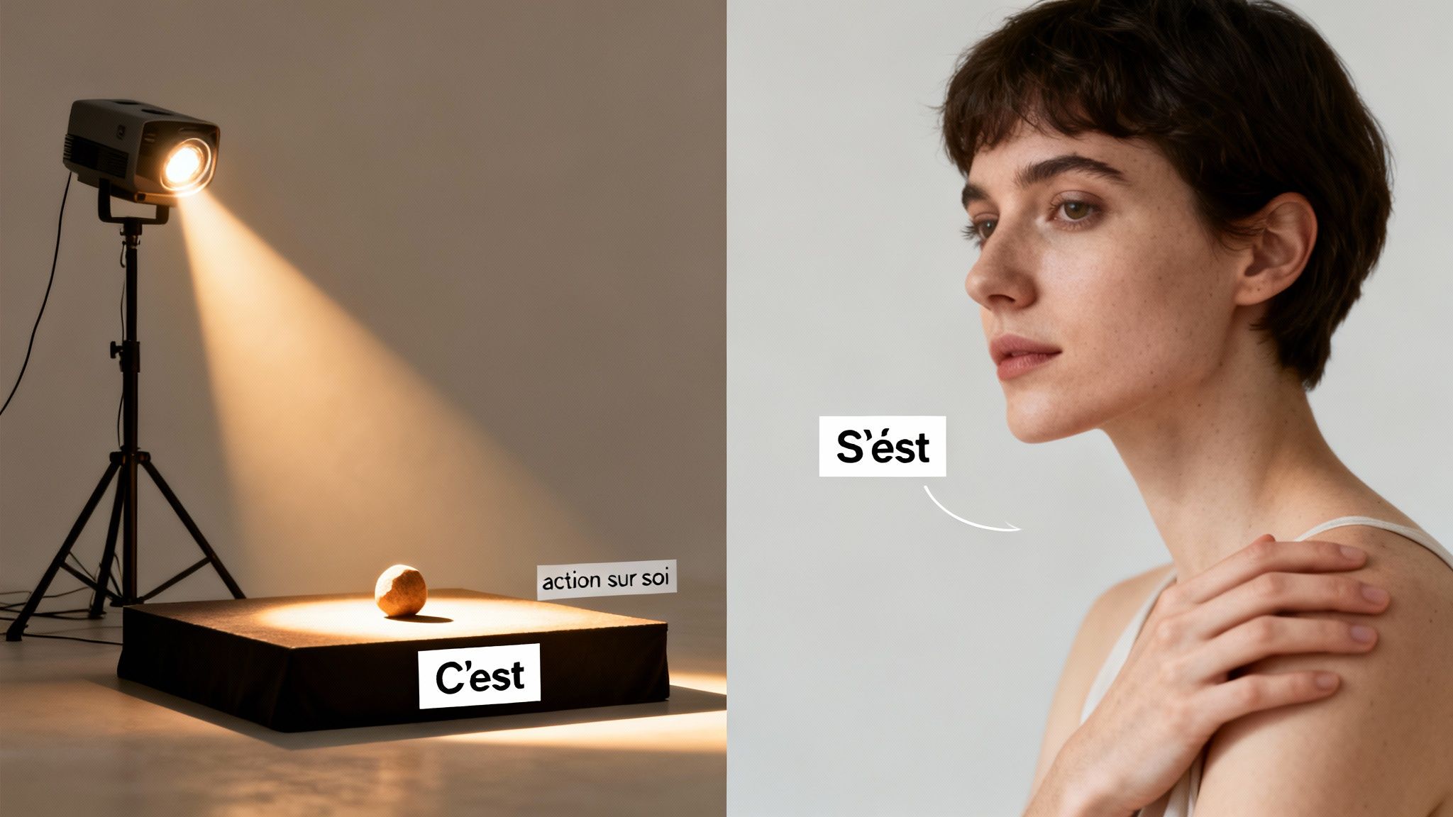 Deux scènes illustrant la différence entre 'C'est' et 'S'est' : un objet sous un projecteur et un portrait de femme.