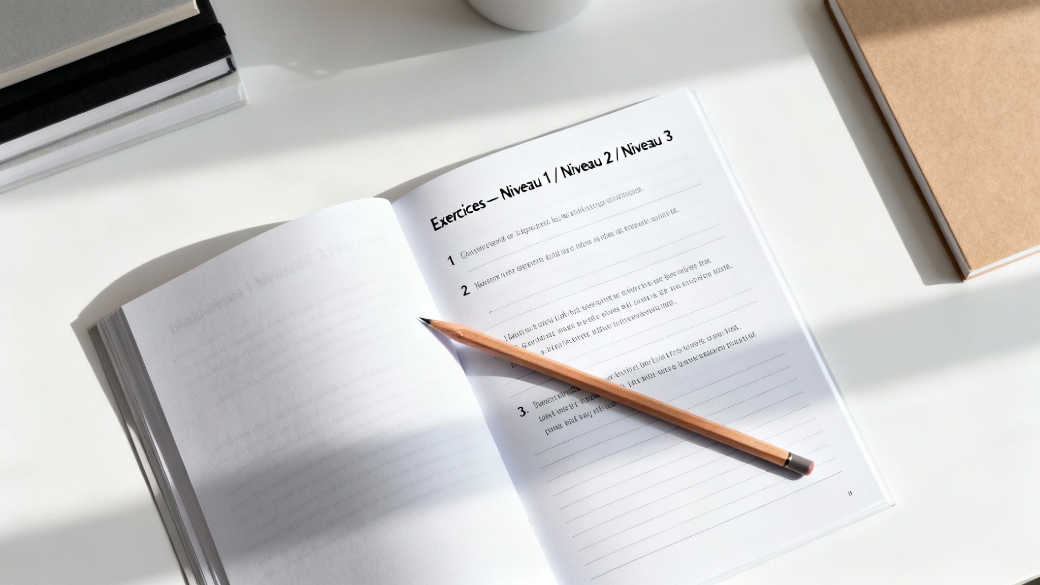 Cahier d'exercices de français ouvert avec un crayon sur une table blanche, prêt pour l'apprentissage.