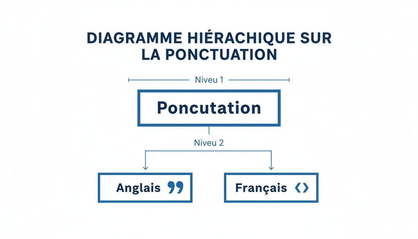 Diagramme hiérarchique sur la ponctuation, comparant les guillemets anglais et français (chevrons).