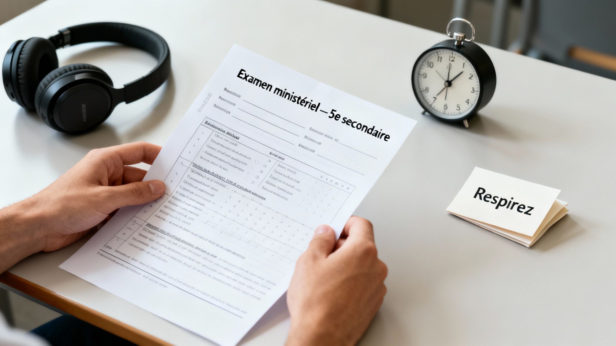 Une personne tient un examen ministériel de 5e secondaire sur un bureau avec des écouteurs, une horloge et une note "Respirez".