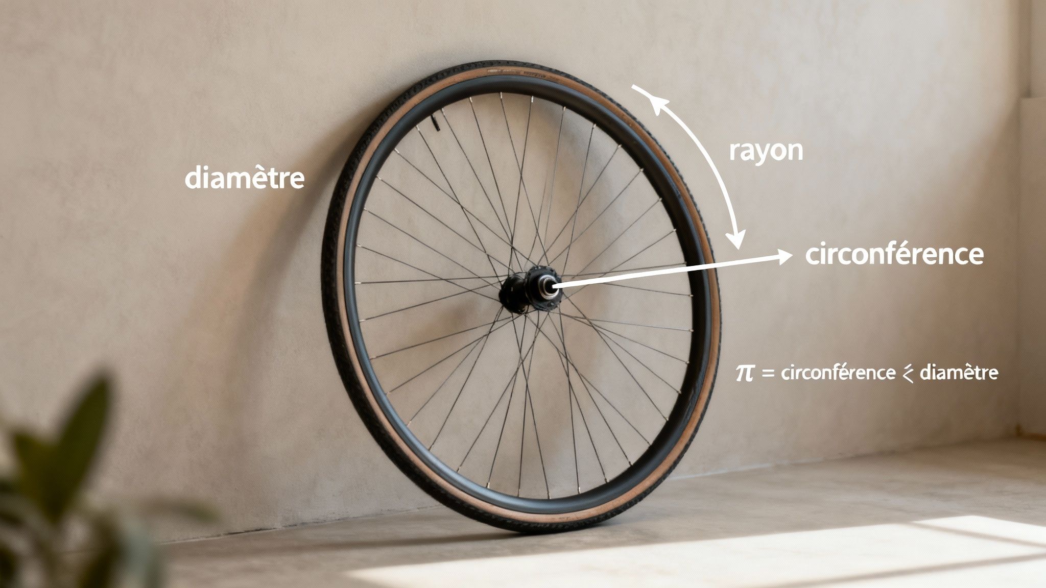 Une roue de vélo illustrant le diamètre, le rayon et la circonférence d'un cercle, avec la formule de Pi.
