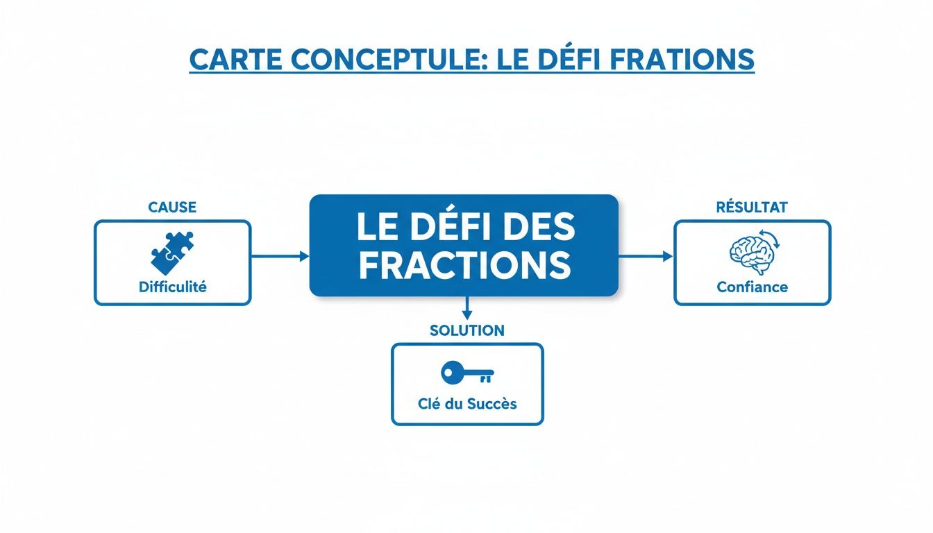 Carte conceptuelle montrant le défi des fractions, la difficulté, la solution (clé du succès) et la confiance.