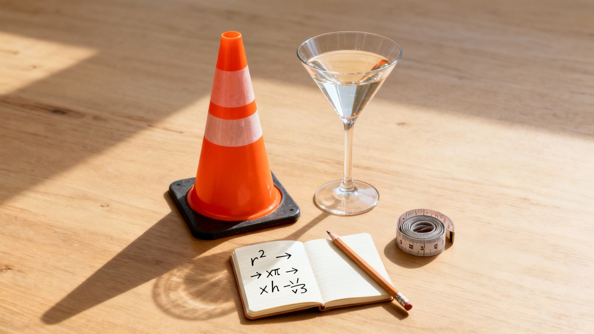 Un cône de signalisation, un verre de martini, un carnet avec des formules de volume et un mètre sur une table en bois.