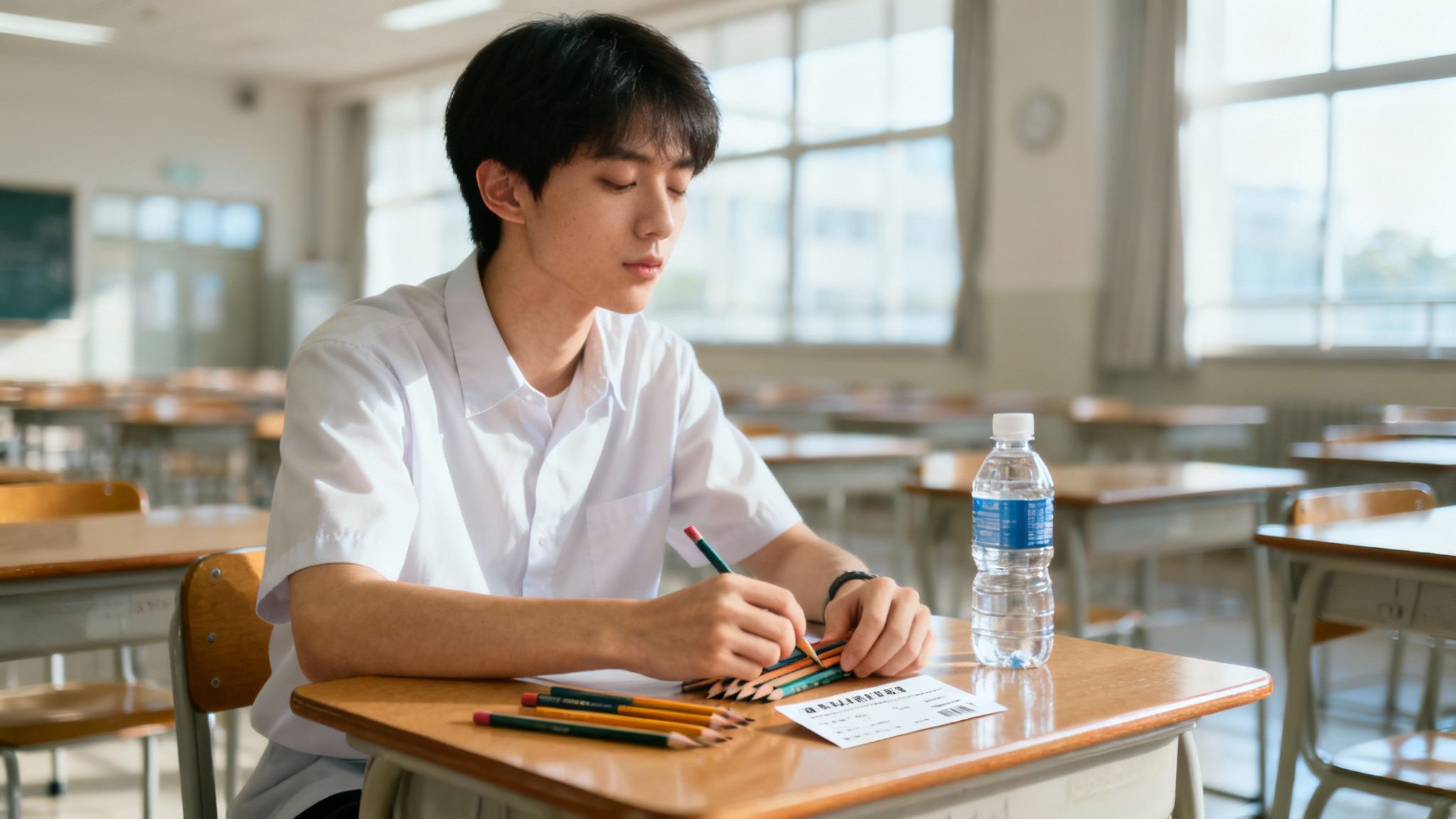 Un étudiant calme assis à un bureau dans une salle d'examen, se concentrant sur sa copie.