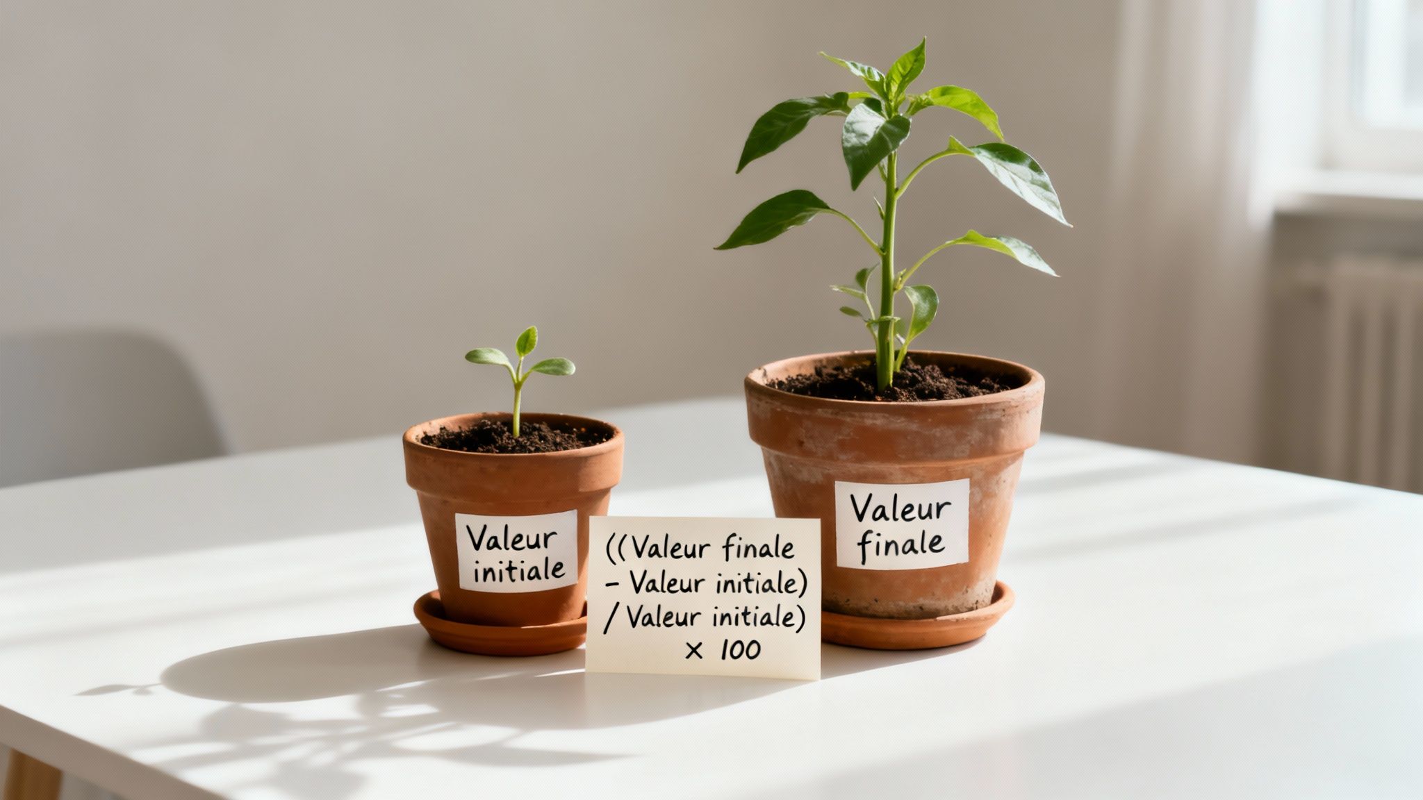 Deux plantes en pot, petite et grande, illustrent la croissance et le calcul du taux de variation.