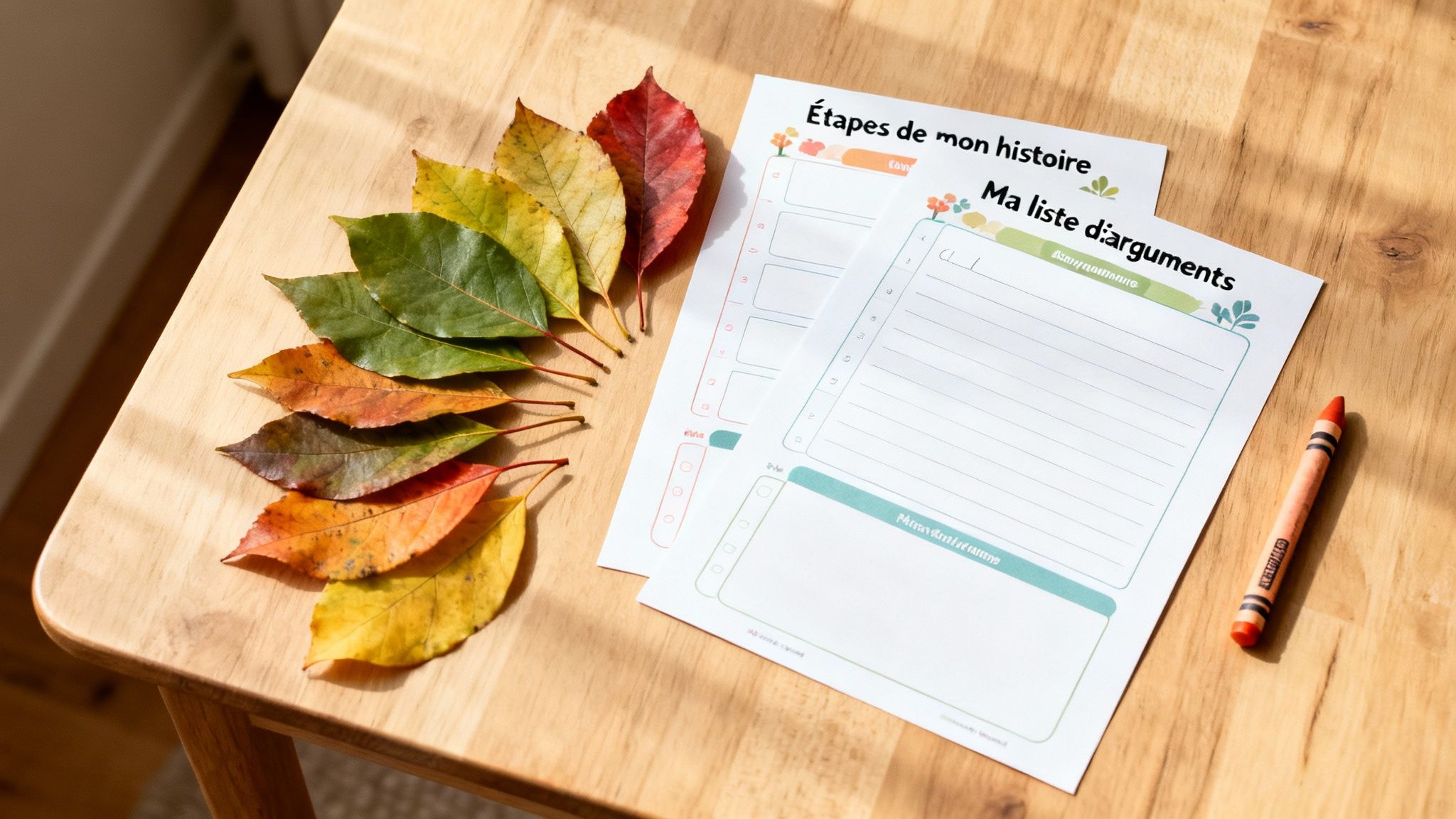 Feuilles d'automne colorées, feuilles d'organisation textuelle et un crayon sur une table en bois.