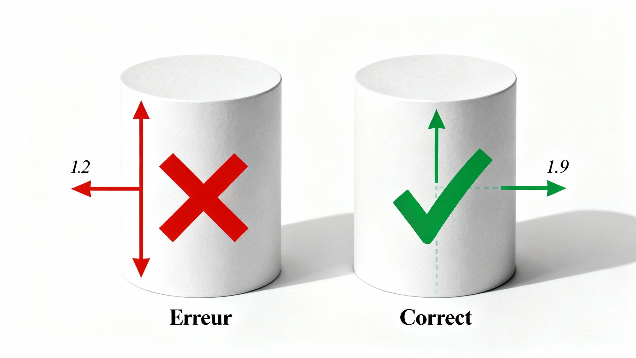 Deux cylindres blancs illustrant la mesure incorrecte (1.2) et correcte (1.9) de leurs dimensions.