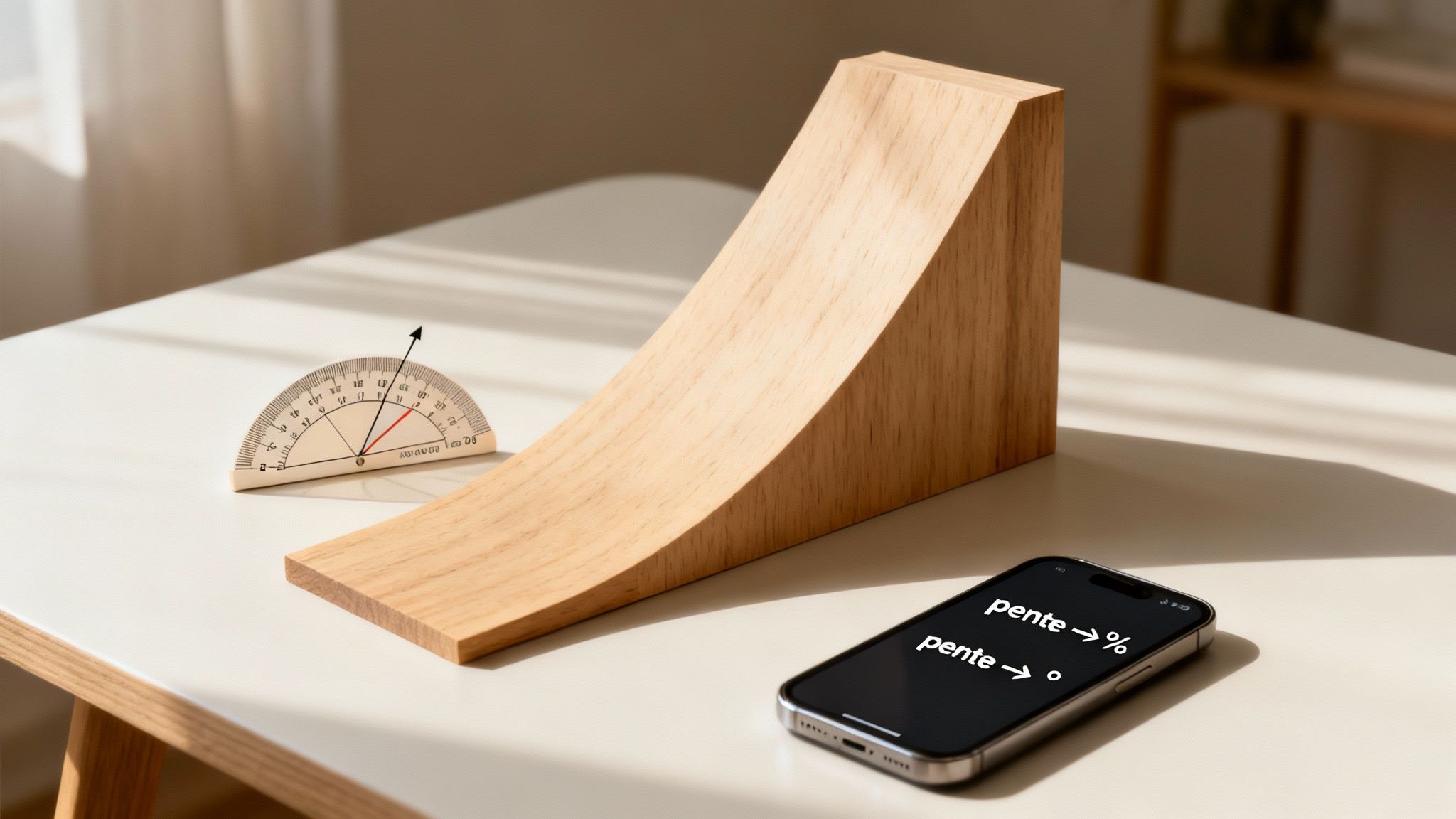 Une rampe en bois, un rapporteur et un smartphone affichant des options de calcul de pente.