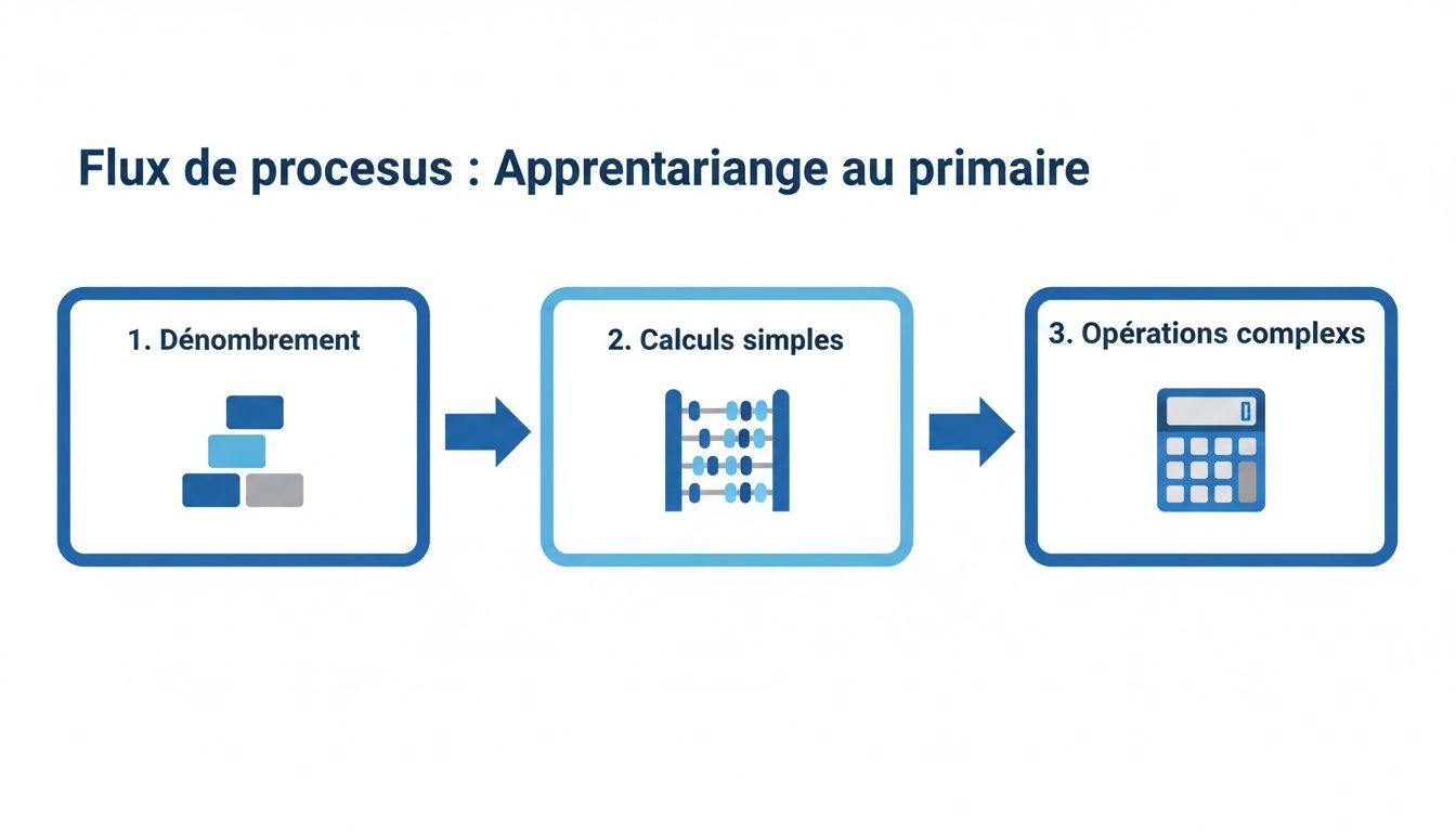Diagramme de flux éducatif montrant les étapes d'apprentissage des mathématiques au primaire : dénombrement, calculs simples et opérations complexes.