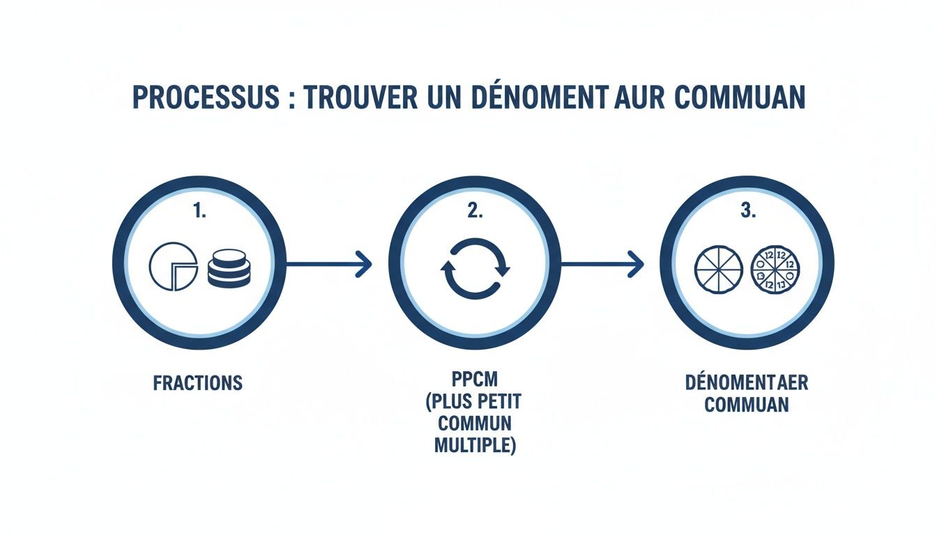 Diagramme illustrant le processus de recherche d'un dénominateur commun pour les fractions en trois étapes.