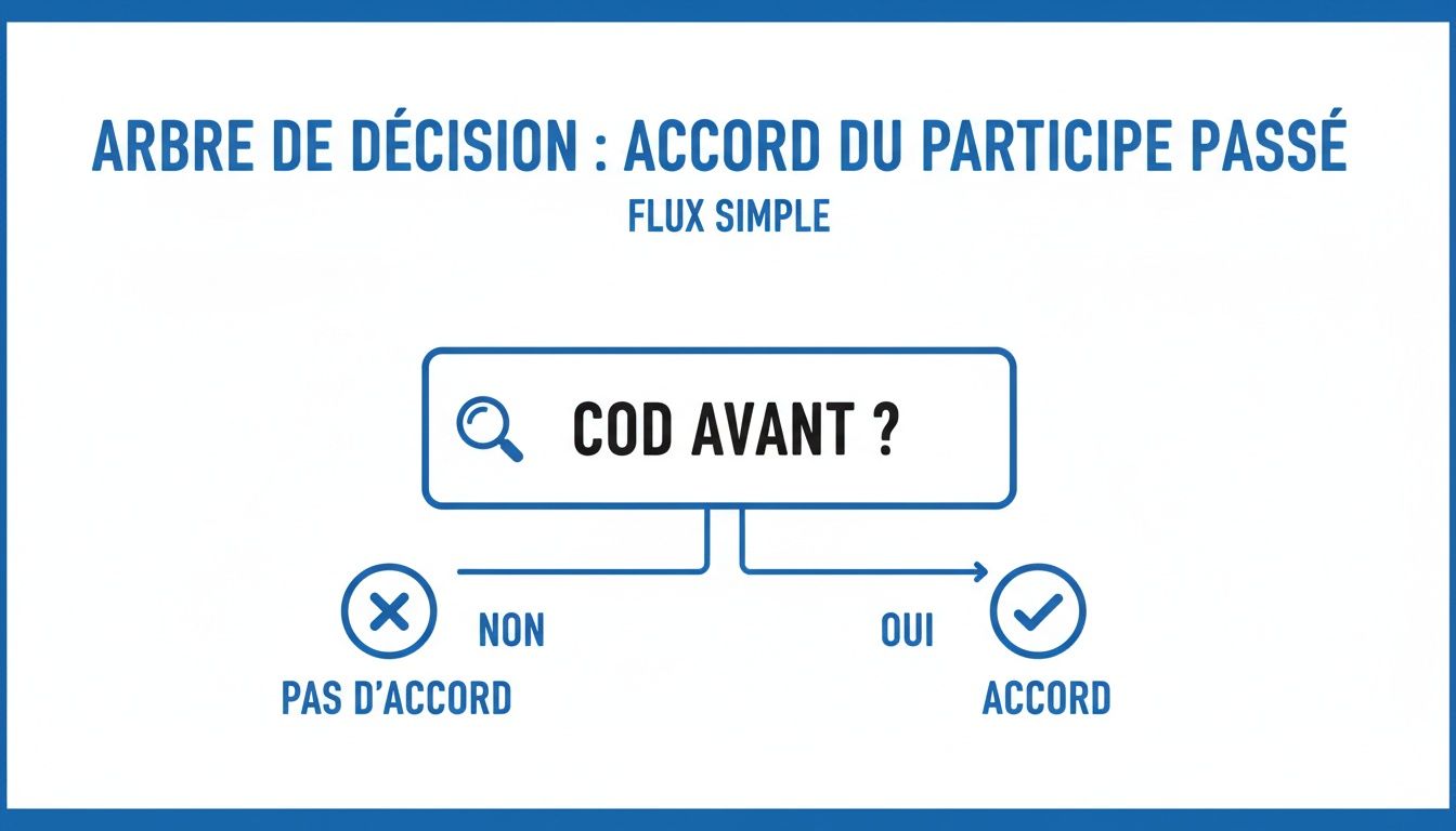 Diagramme d'un arbre de décision simple sur l'accord du participe passé en français. Il interroge la position du COD pour déterminer l'accord.