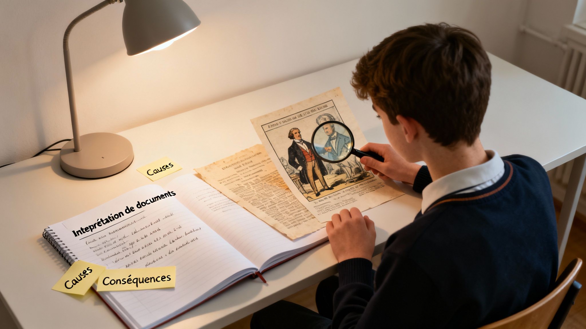 Un élève étudie des documents historiques anciens avec une loupe, des notes "Causes" et "Conséquences" sur un cahier.