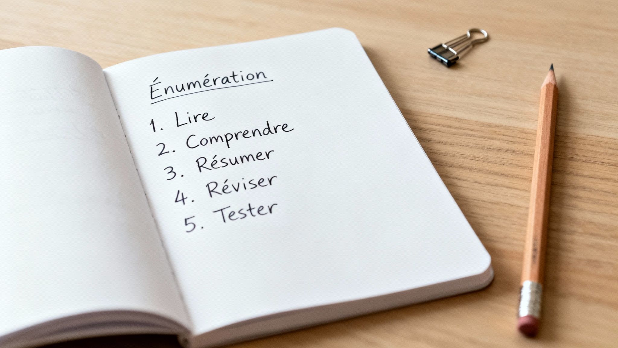 Un cahier ouvert sur un bureau en bois avec une liste de tâches manuscrite: lire, comprendre, résumer, réviser, tester.