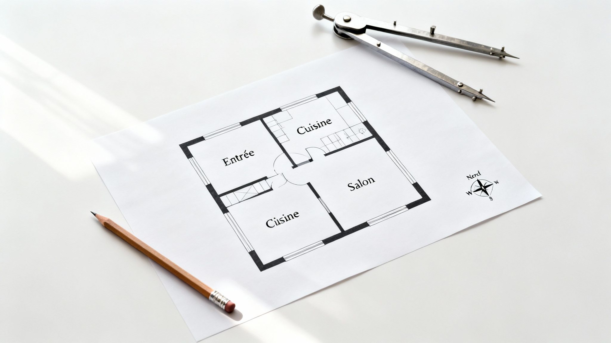 Plan d'étage d'appartement avec entrée, cuisines et salon, un crayon et un compas sur une table blanche.