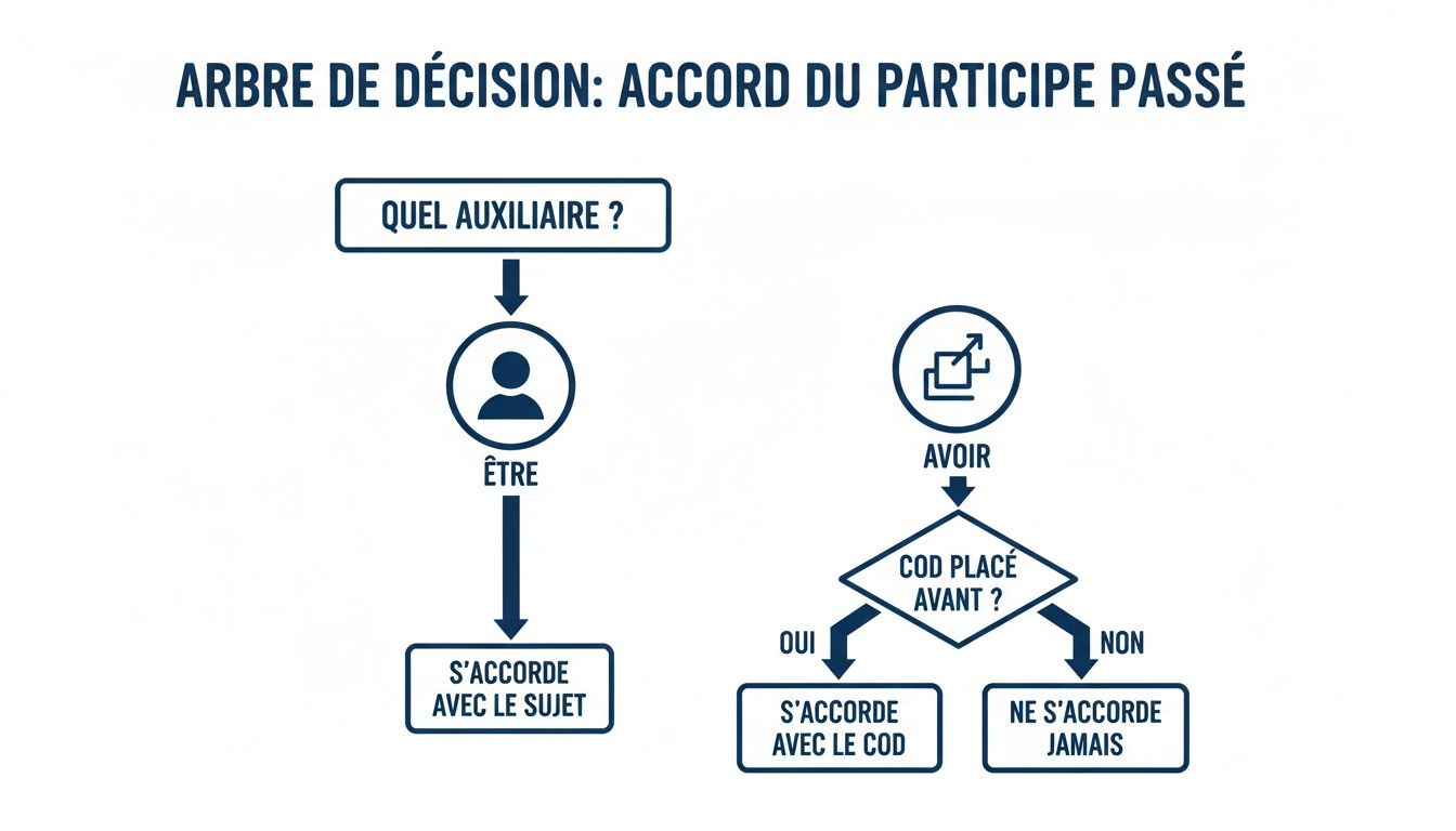 Arbre de décision pour l'accord du participe passé, expliquant les règles avec les auxiliaires être et avoir.