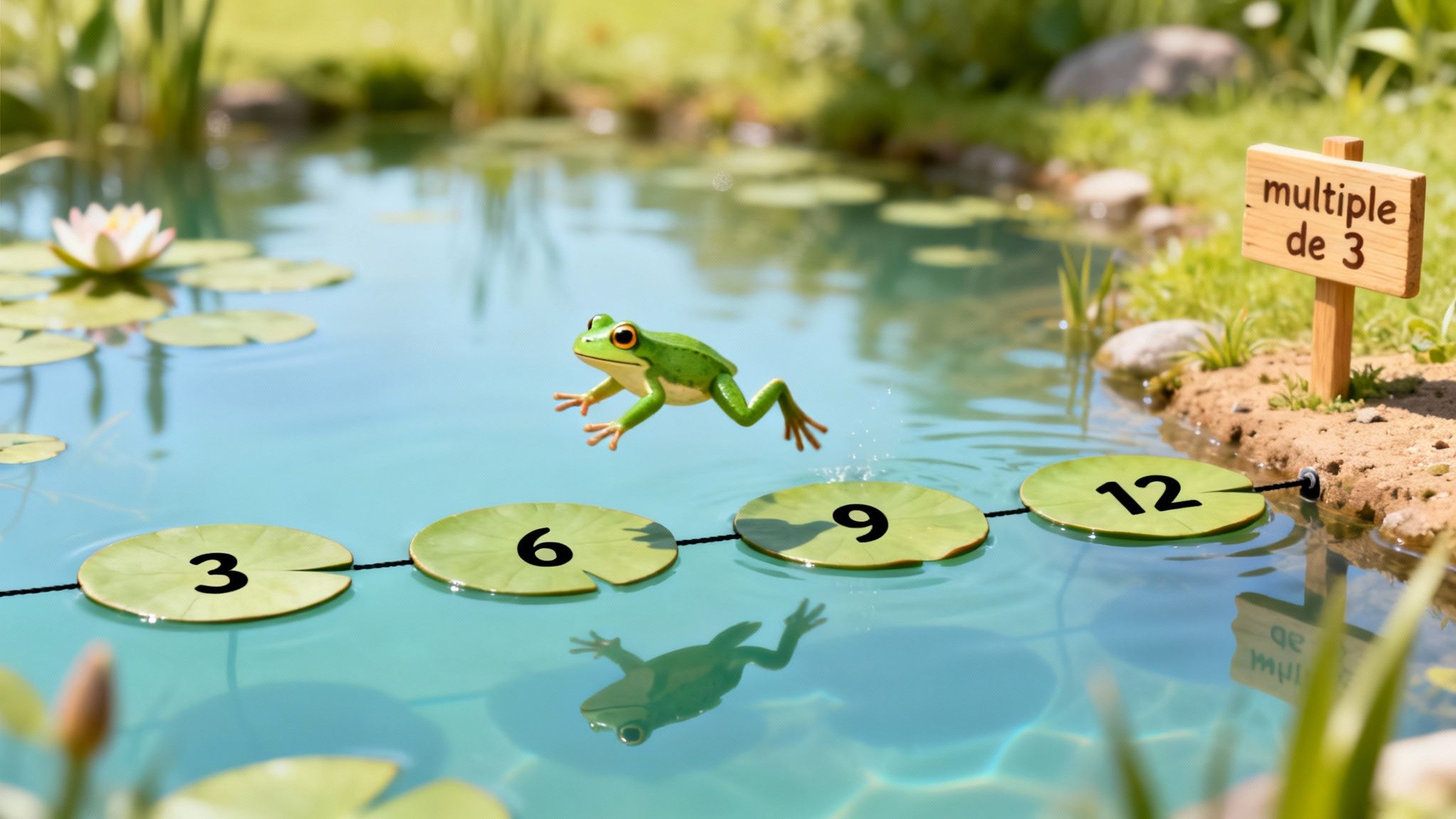 Une grenouille verte saute entre des nénuphars numérotés 3, 6, 9, 12 dans un étang, avec un panneau indiquant «multiple de 3».