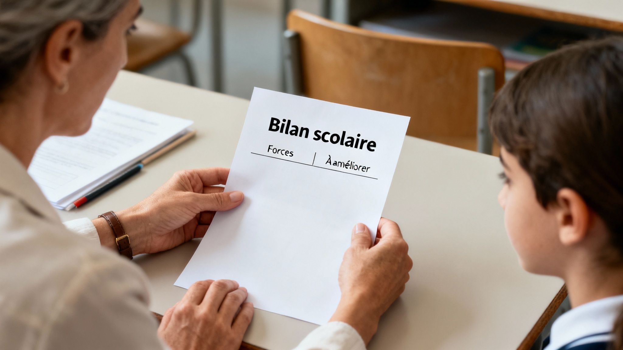 Un adulte et un enfant discutent d'un "Bilan scolaire" à l'école, examinant forces et points à améliorer.