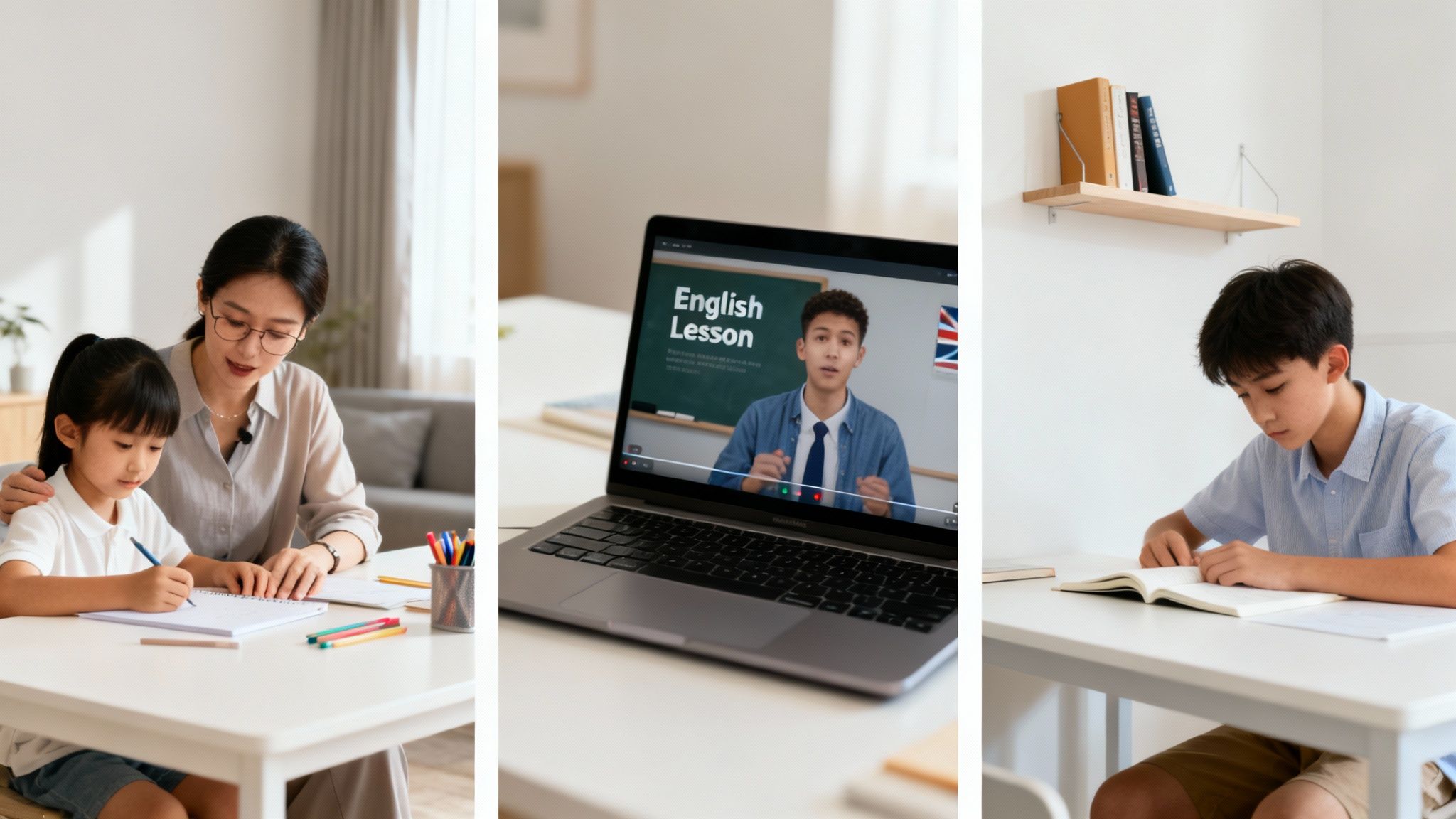 Trois scènes d'apprentissage de l'anglais : tutorat individuel, cours en ligne et étude autonome à domicile
