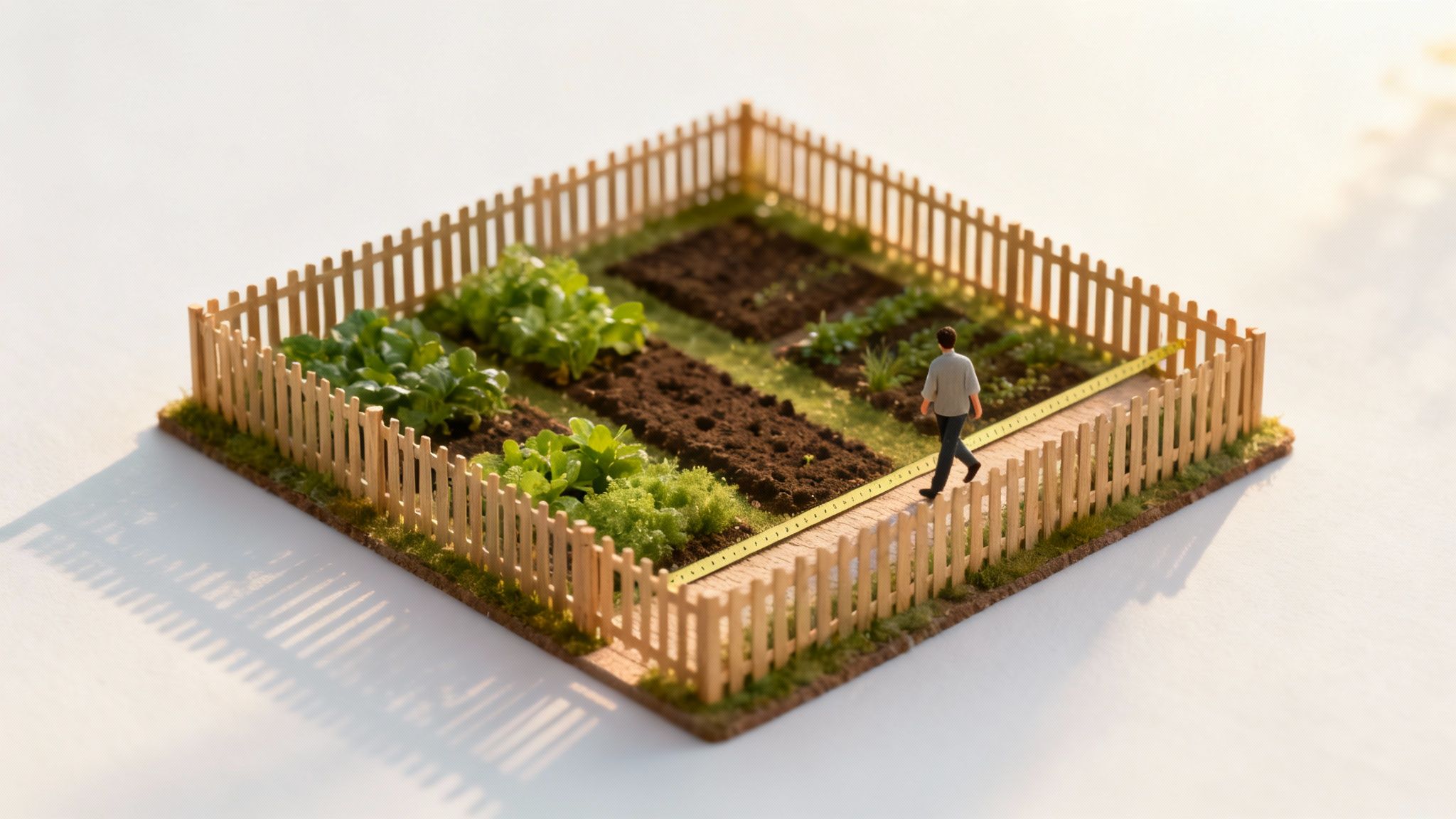 Vue aérienne d'un jardin miniature clôturé avec des parcelles de légumes et un homme mesurant le périmètre.