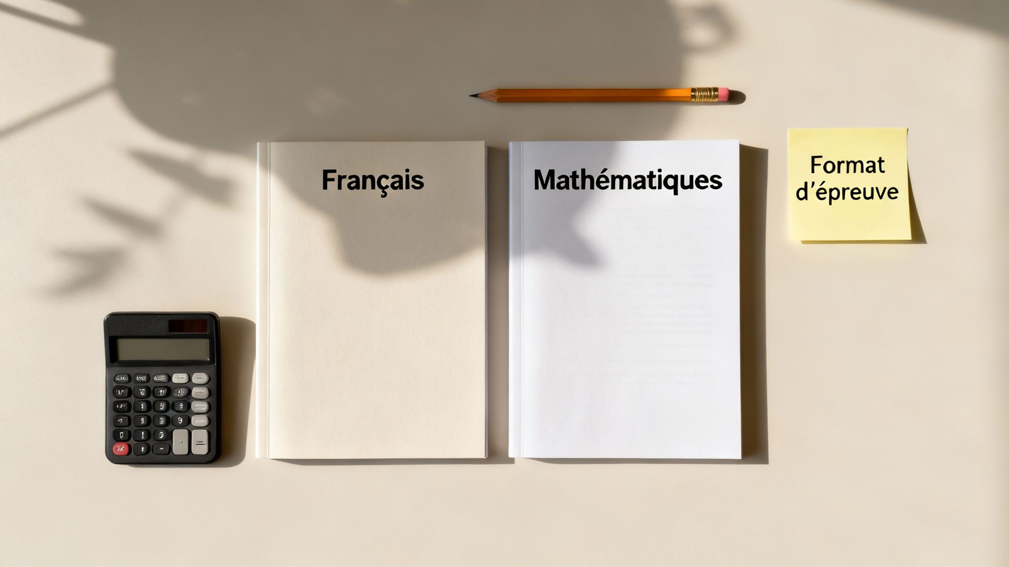 Deux cahiers (Français, Mathématiques), une calculatrice, un crayon et une note 'Format d'épreuve' sur un bureau.