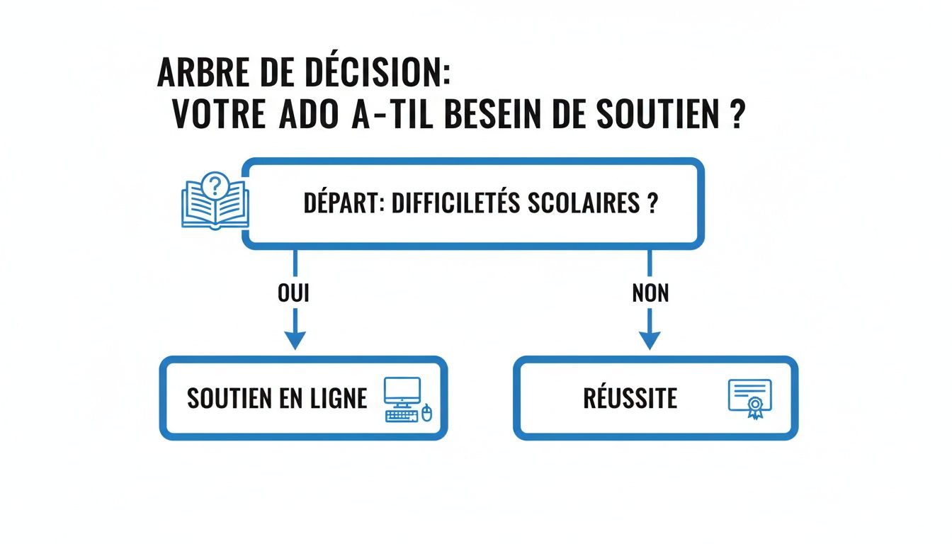 Arbre de décision simple pour déterminer si un adolescent a besoin de soutien scolaire en ligne ou s'il réussit.