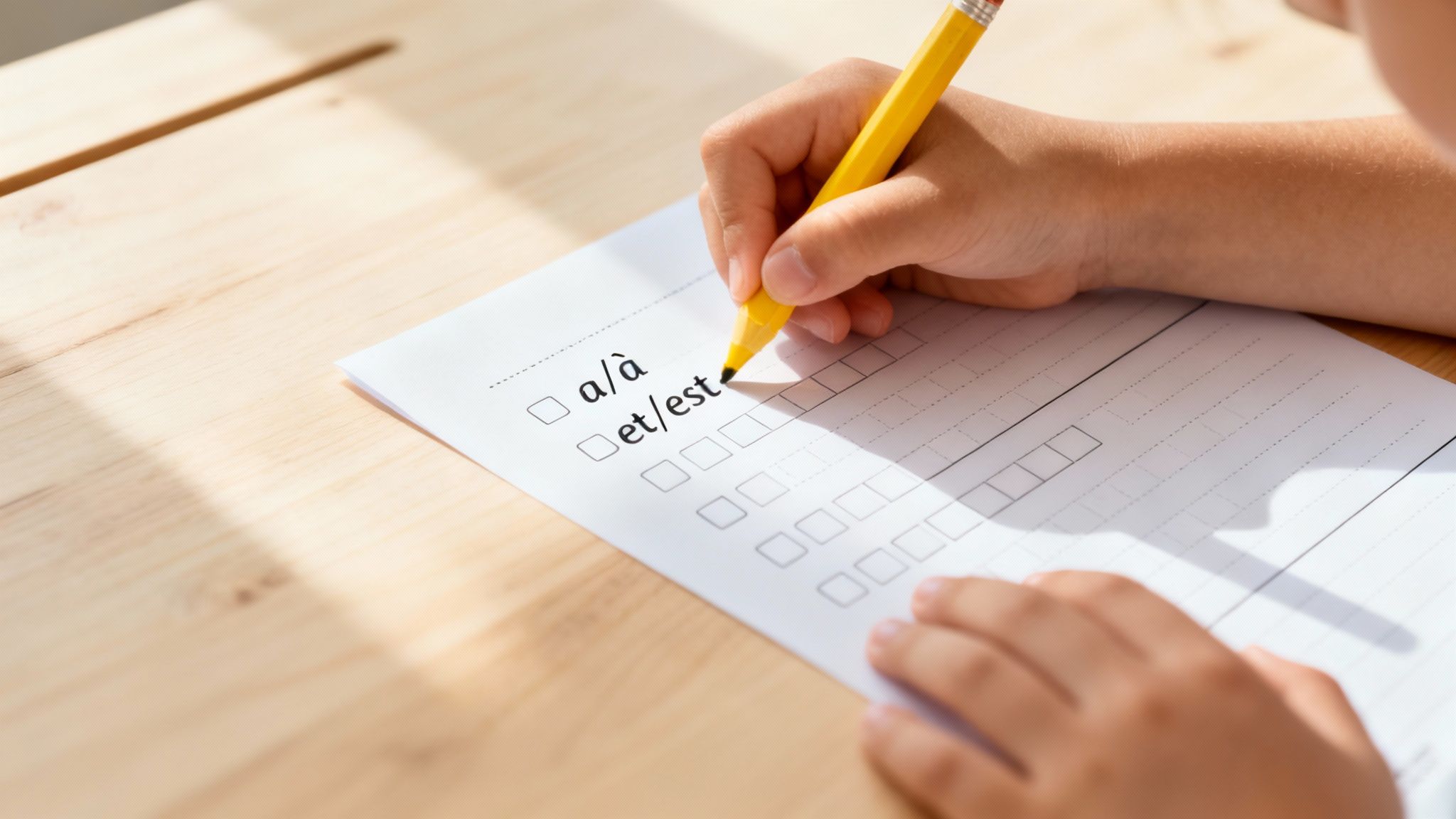 Main d'enfant écrivant avec un crayon jaune sur une feuille d'exercices de français sur les homophones a/à et et/est.