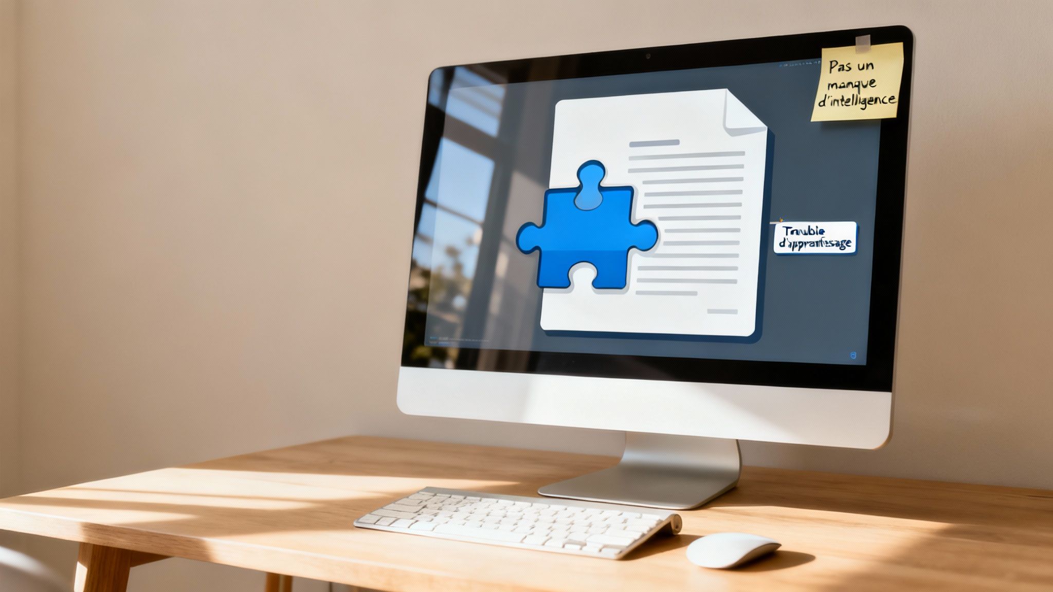 Écran d'ordinateur affichant un document avec un puzzle bleu et des notes sur les troubles d'apprentissage.