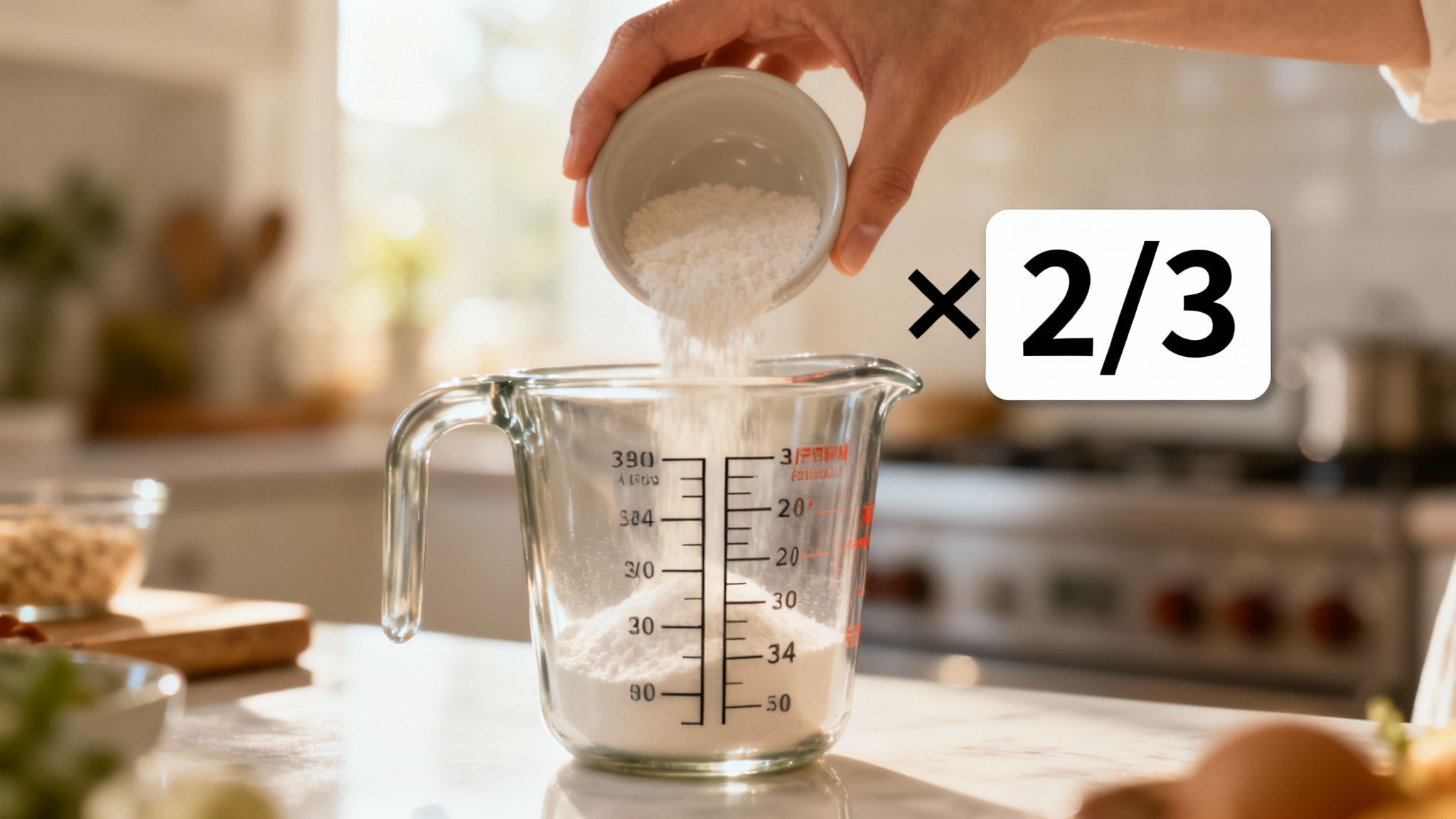 Une personne mesure de la farine dans une cuisine moderne et lumineuse pour une recette.