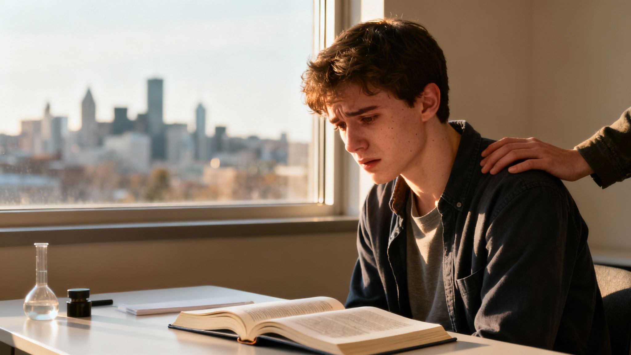 Adolescent étudiant concentré recevant du soutien scolaire près d'une fenêtre avec vue urbaine