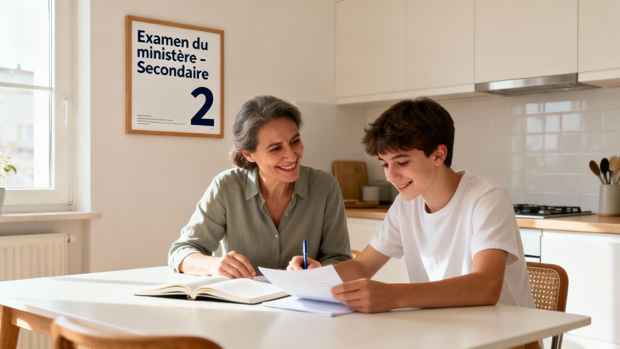 Une femme et un jeune homme souriants étudient ensemble à table, avec une affiche "Examen du ministère - Secondaire 2" au mur.