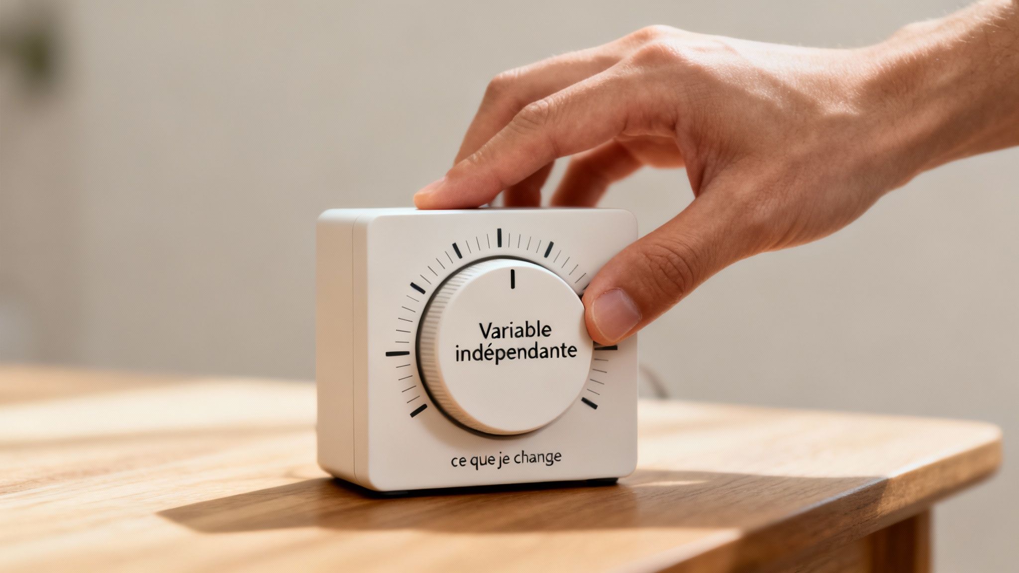 Main ajustant un bouton de contrôle blanc, étiqueté 'Variable indépendante' et 'ce que je change', sur une table en bois.