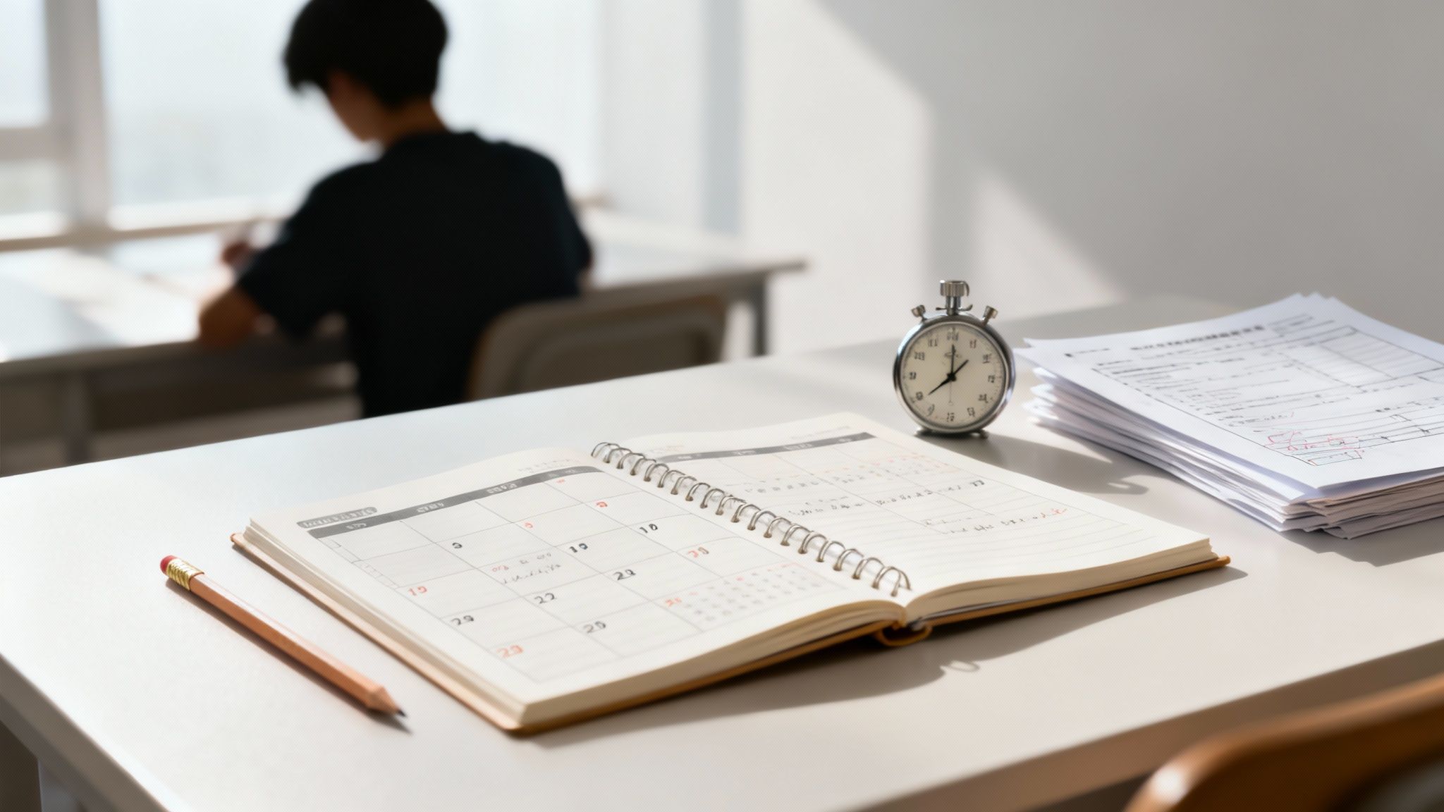 Personne étudiant des mathématiques avec un planificateur et une calculatrice