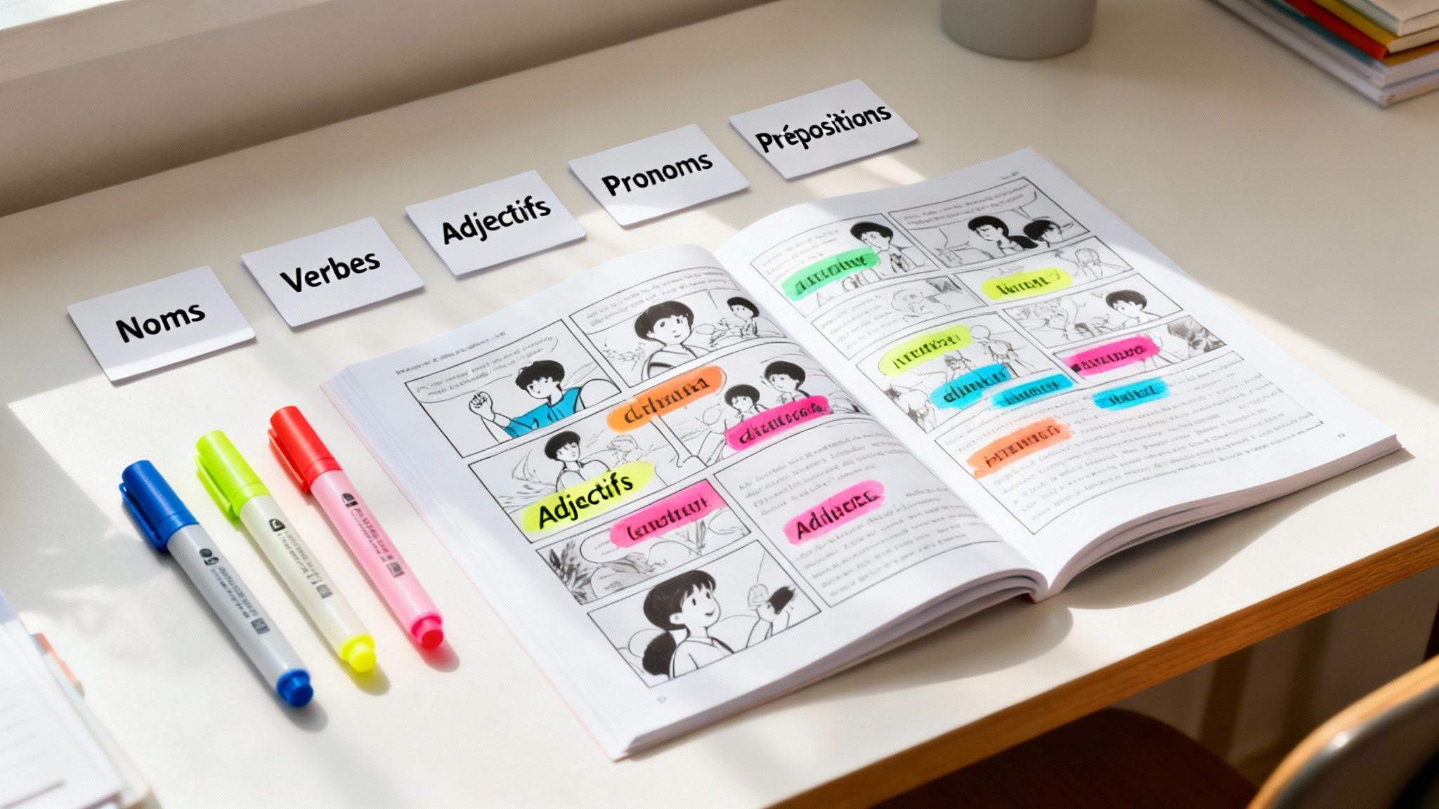 Un bureau d'étude avec un livre ouvert, des surligneurs et des fiches sur les classes de mots en français.