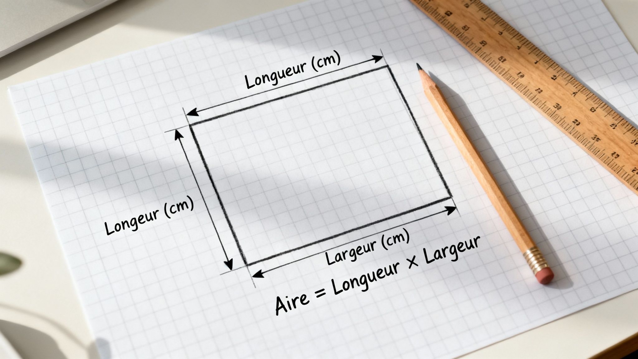 Dessin d'un rectangle sur papier quadrillé avec ses dimensions (longueur, largeur) et la formule de son aire.