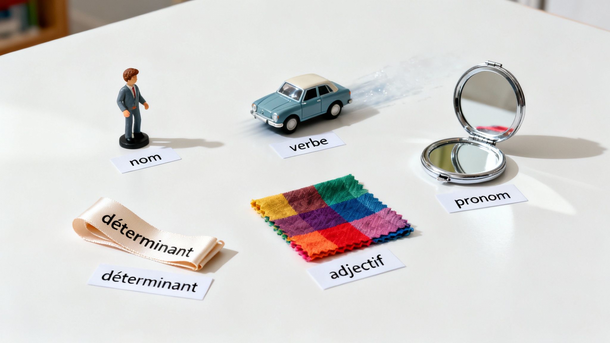 Objets quotidiens sur table blanche expliquant les classes de mots en français : nom, verbe, pronom, déterminant, adjectif.