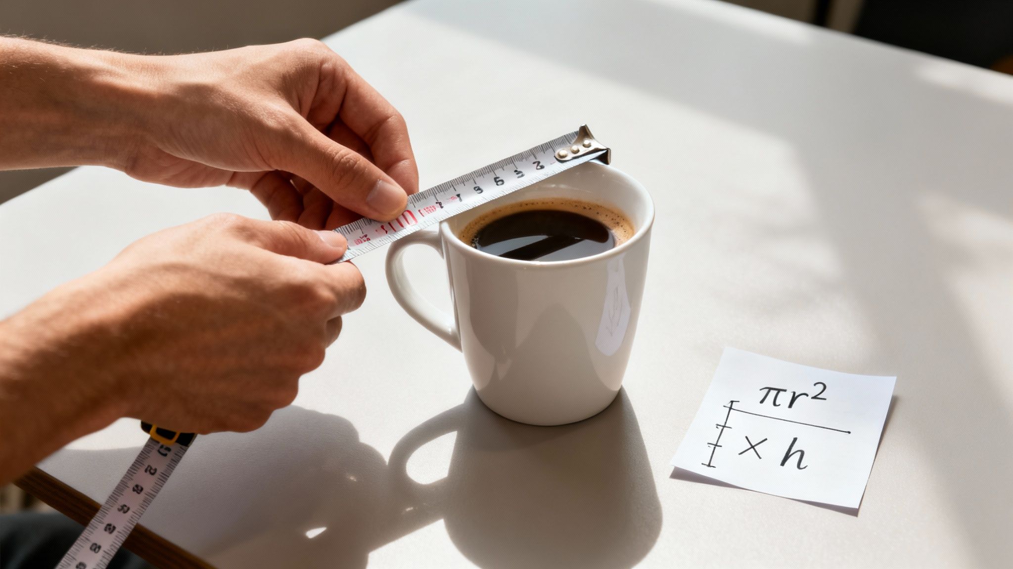 Mains mesurant une tasse de café avec un mètre ruban, à côté d'une formule pour calculer le volume d'un cylindre.