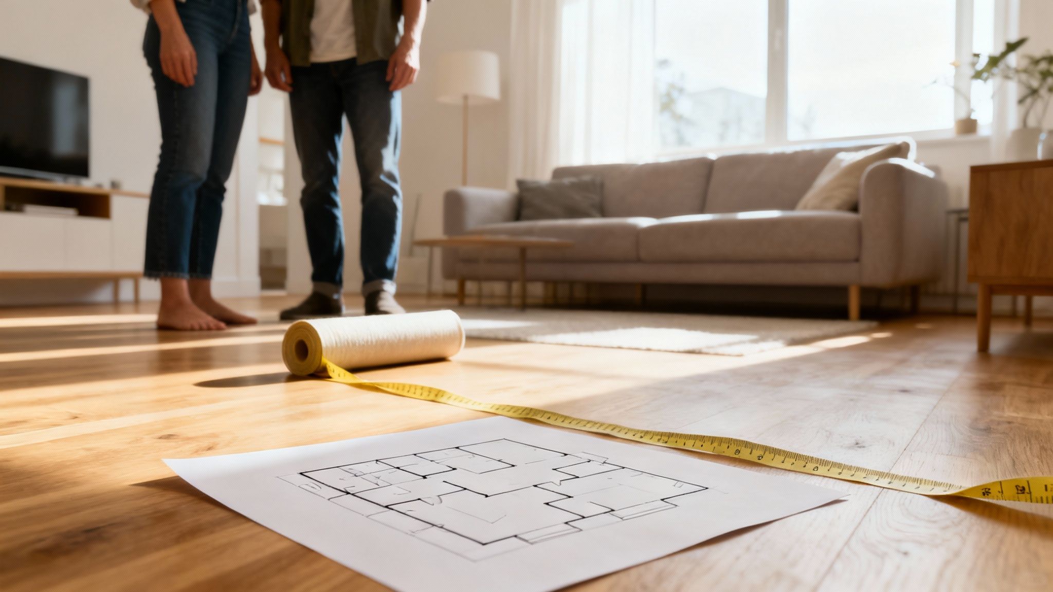 Personne utilisant un ruban à mesurer sur un plan de construction