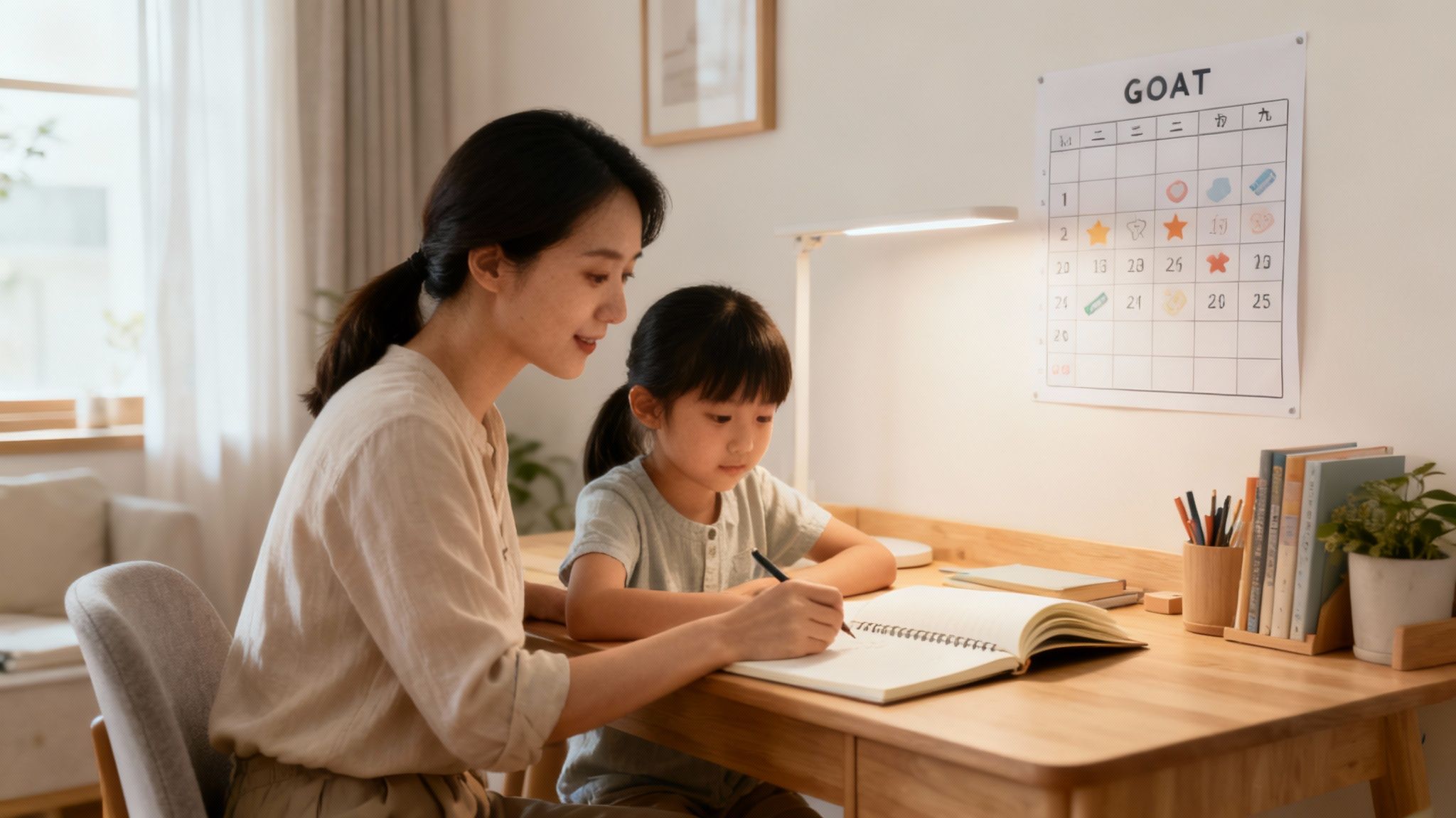 Une jeune fille et sa mère discutant joyeusement à un bureau, avec un cahier ouvert