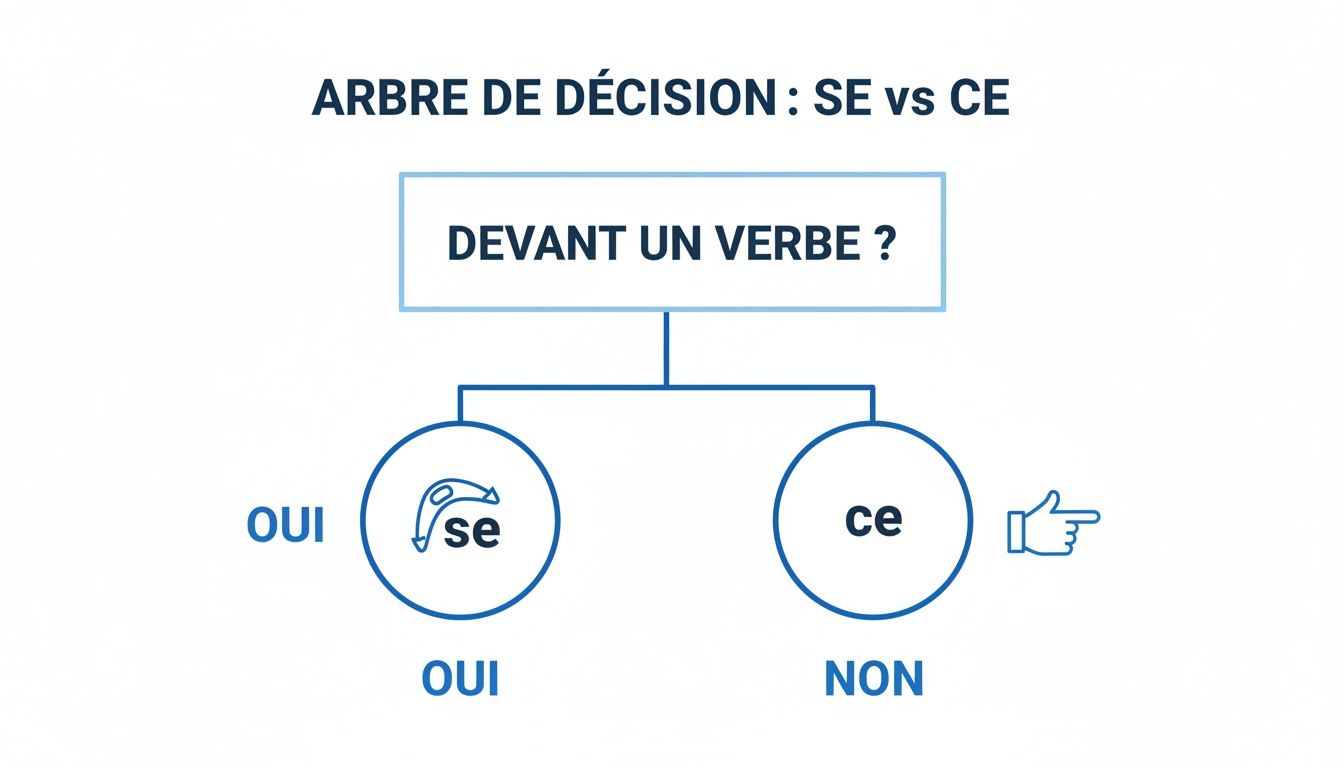 Diagramme de décision expliquant quand utiliser 'se' ou 'ce' en français, basé sur la présence d'un verbe.