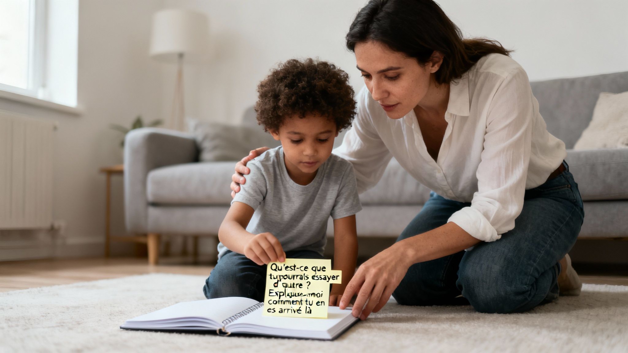 Une femme et un enfant par terre, une note post-it invite à la réflexion sur la résolution de problèmes.