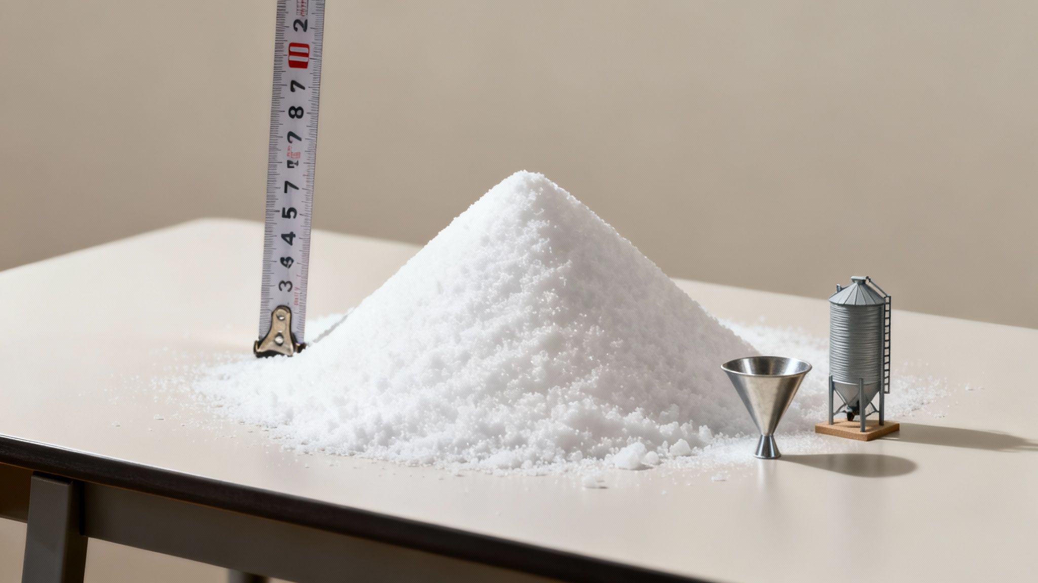Une grande pile de granules blanches à côté d'un ruban à mesurer, un entonnoir et un silo miniature.