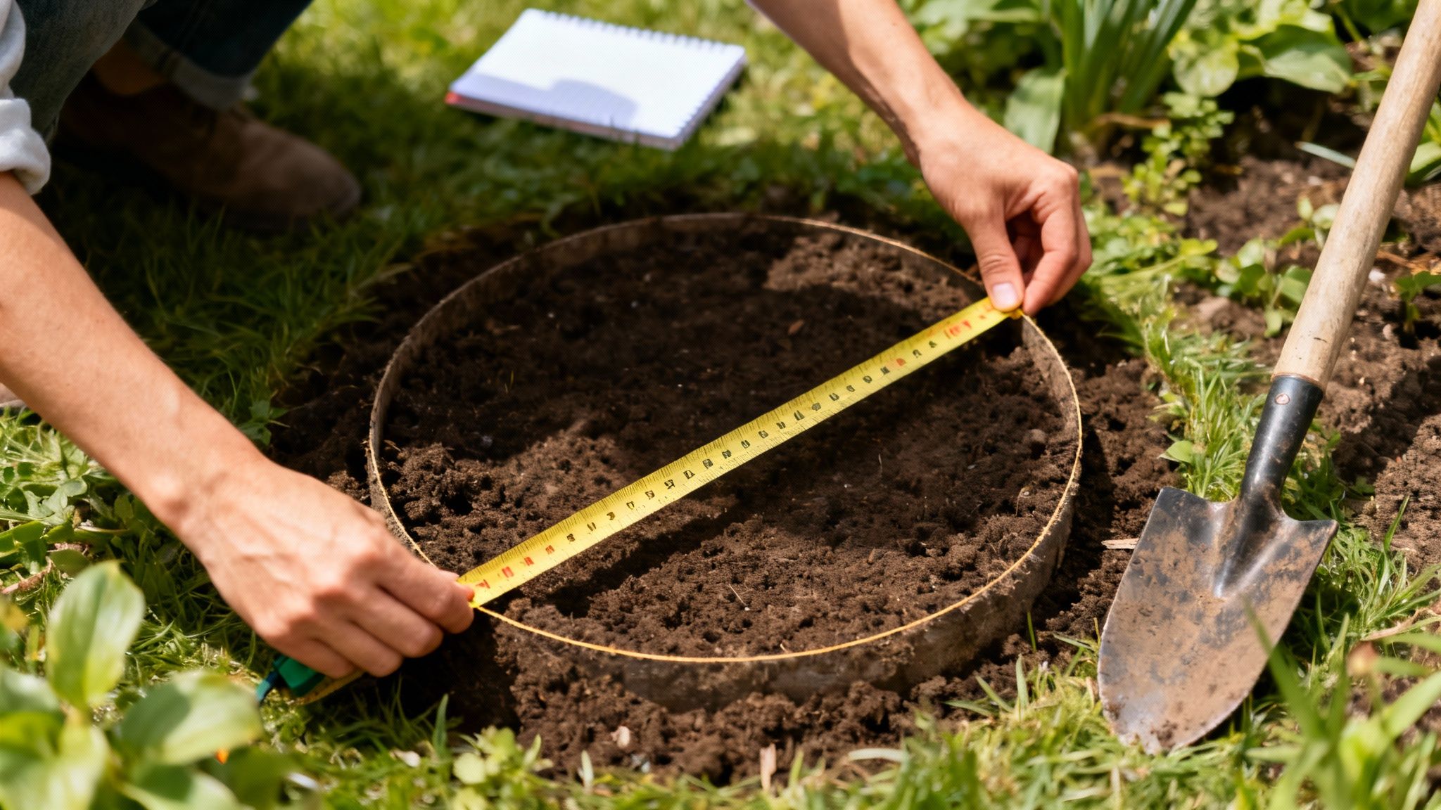 Personne mesurant le diamètre d'un cercle de terre avec un ruban, préparant un jardin.