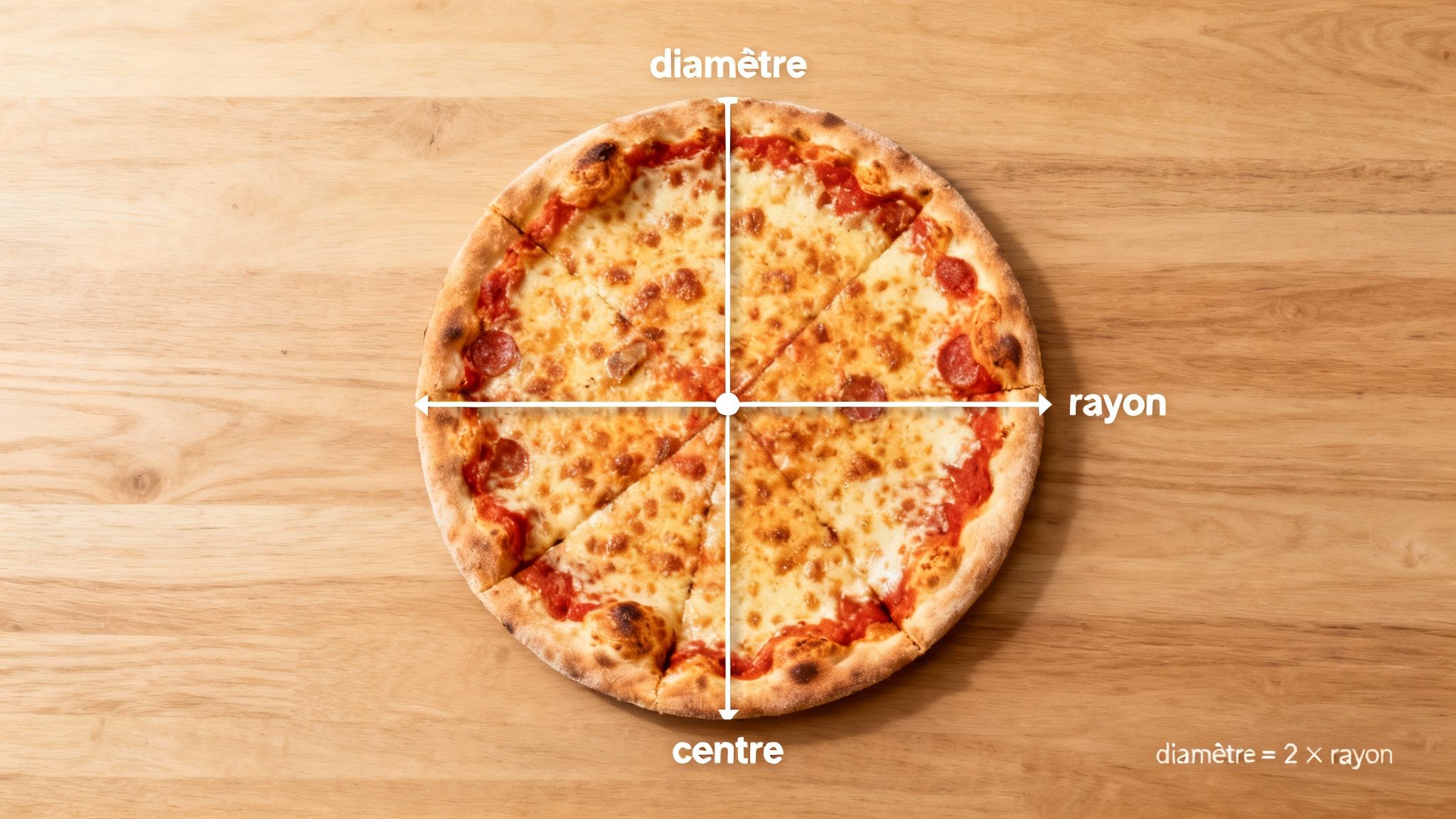 Une pizza pepperoni et fromage coupée en quatre, illustrant le diamètre, le rayon et le centre d'un cercle.