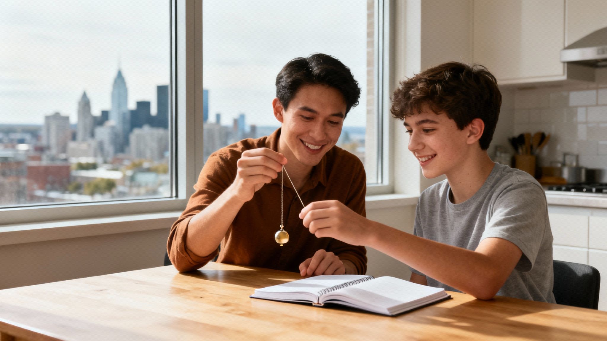 Un tuteur aidant un jeune élève avec ses devoirs de sciences