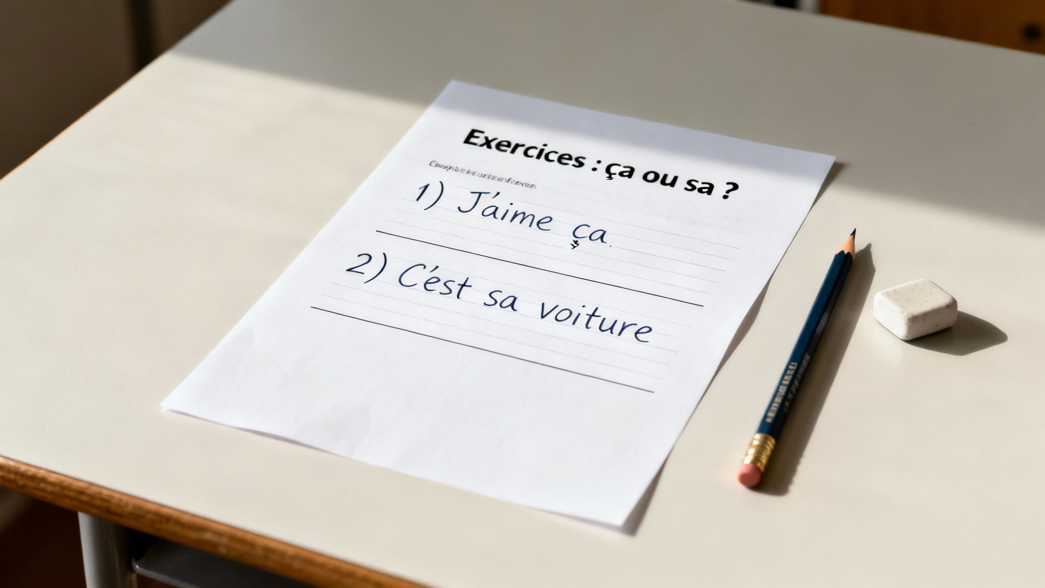 Feuille d'exercices de français sur 'ça ou sa' avec un crayon et une gomme sur un bureau.